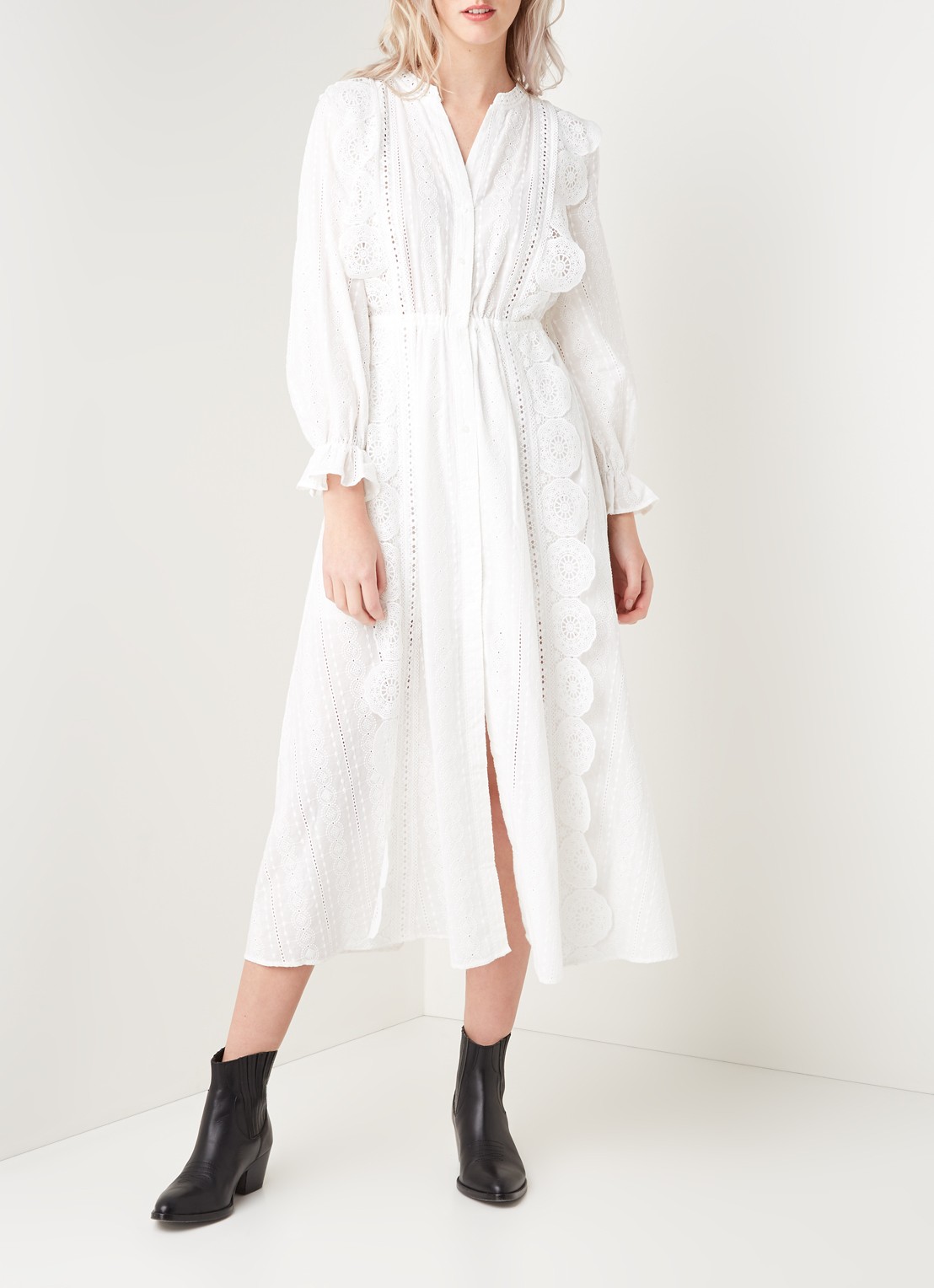 Maje Raviane maxi blousejurk met broderie - voorkant 3 gebroken wit