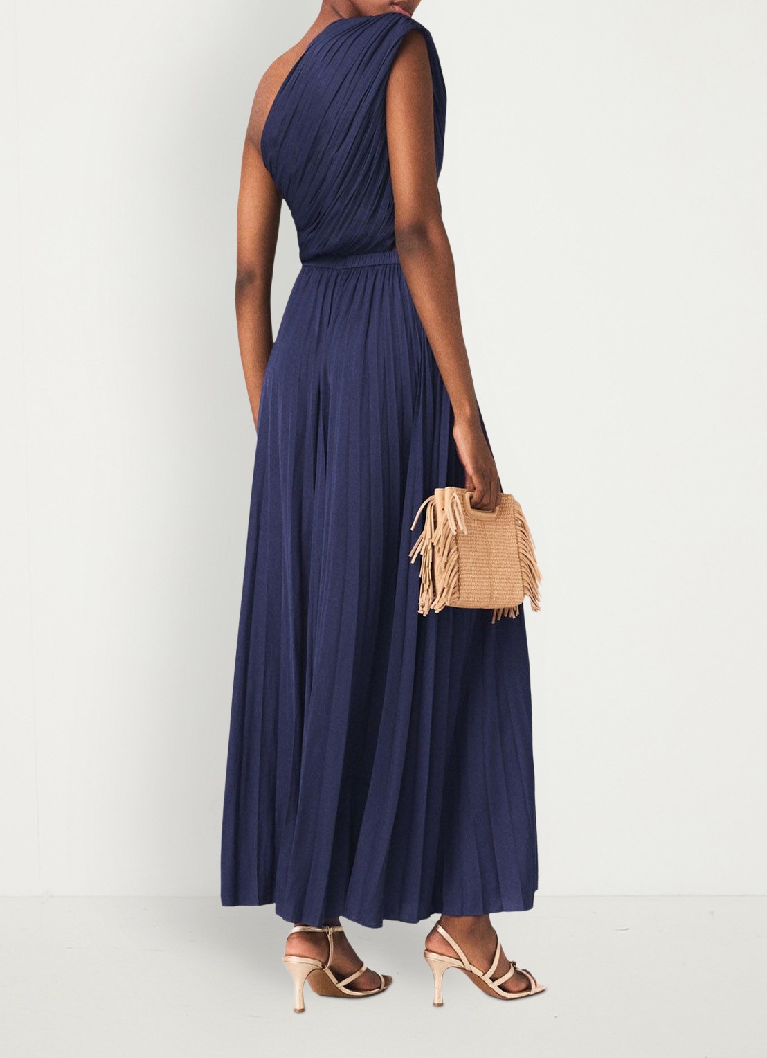 Maje Revi maxi one shoulder jurk met plooien en cut-out detail - achterkant donkerblauw