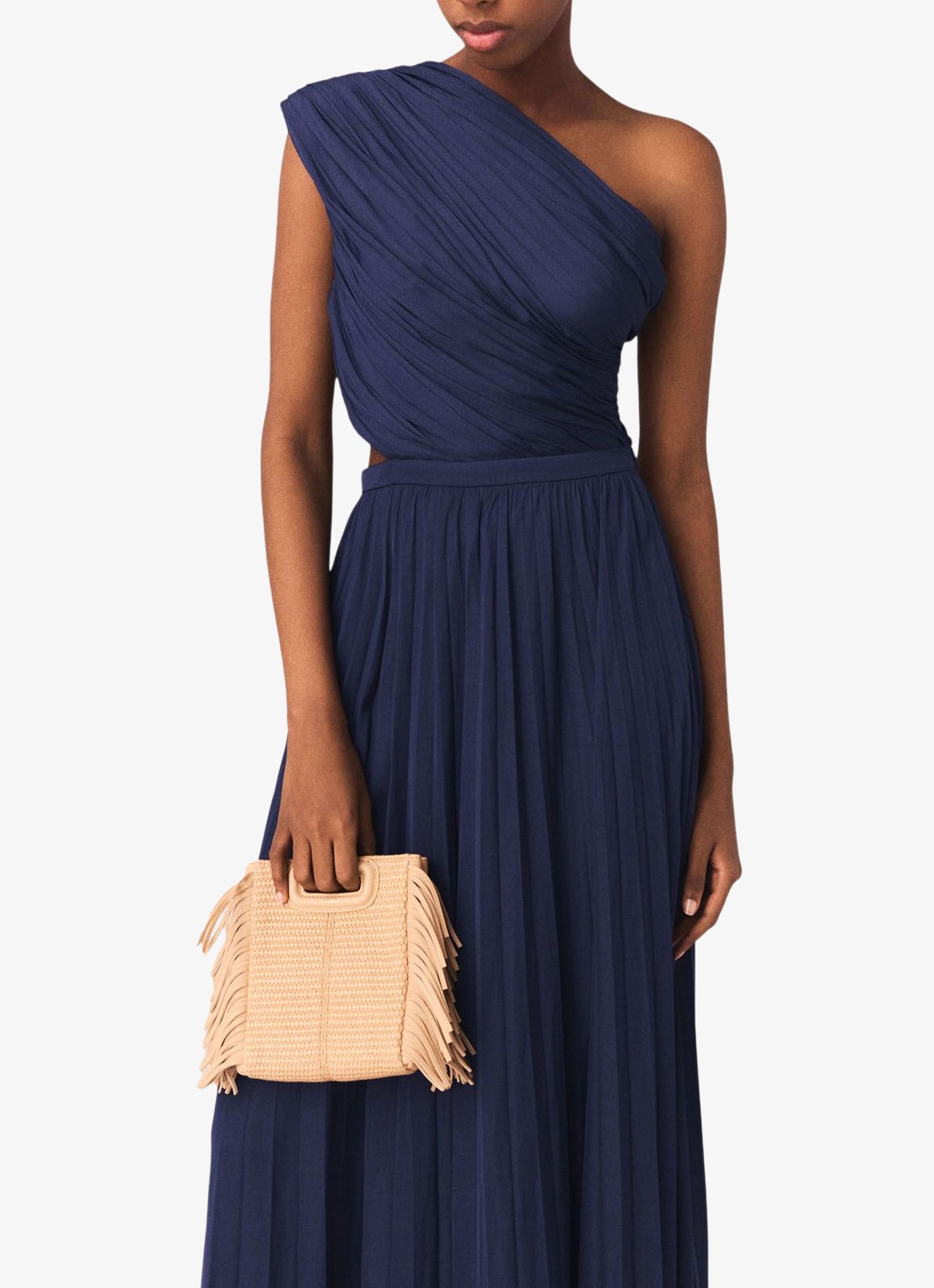 Maje Revi maxi one shoulder jurk met plooien en cut-out detail - detail 4 donkerblauw
