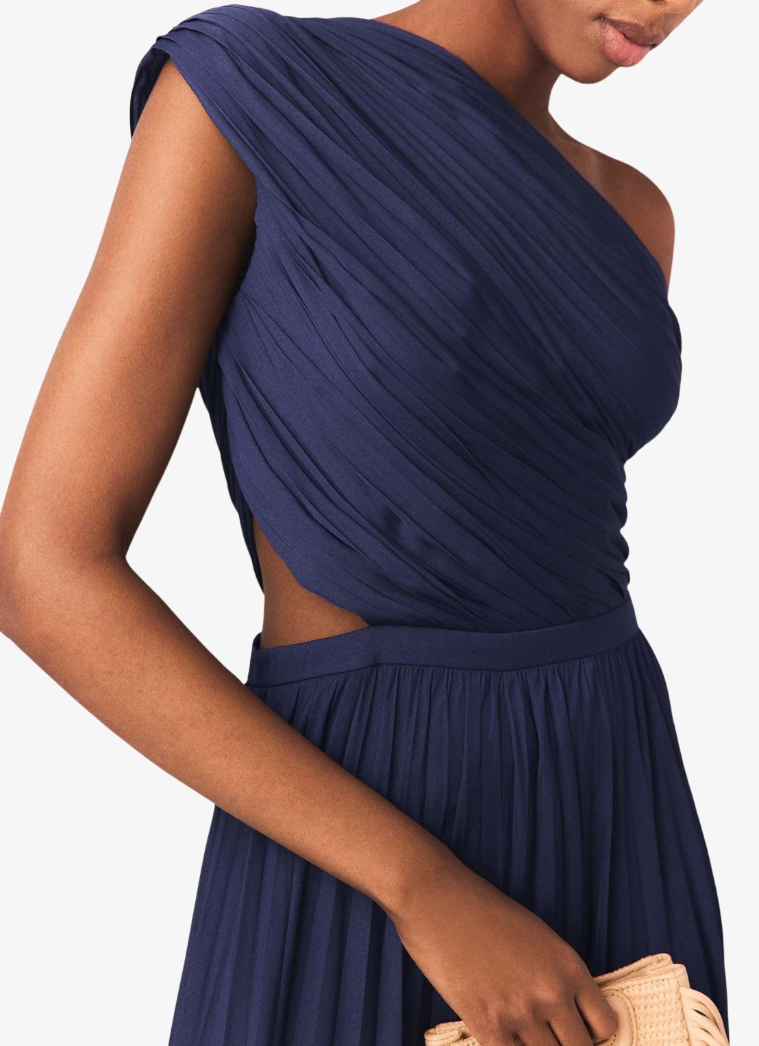 Maje Revi maxi one shoulder jurk met plooien en cut-out detail - detail 5 donkerblauw