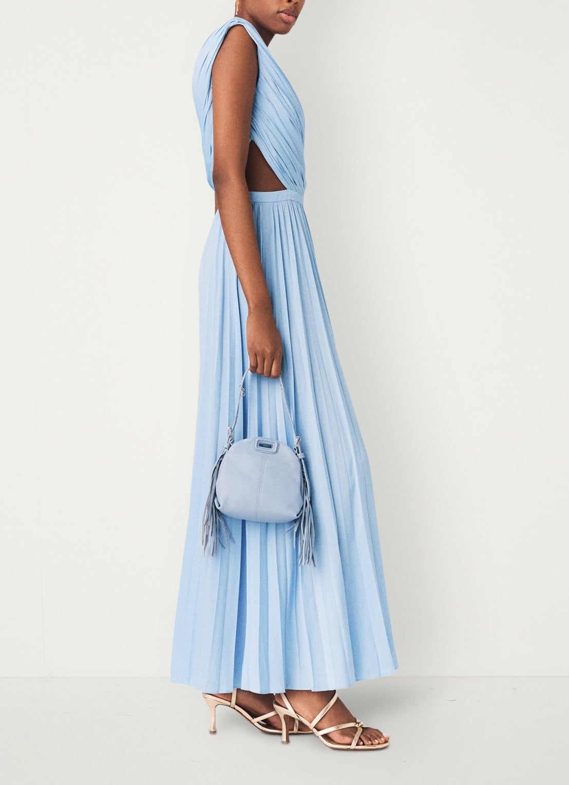 Maje Revi maxi one shoulder jurk met plooien en cut-out detail - detail 3 blauw
