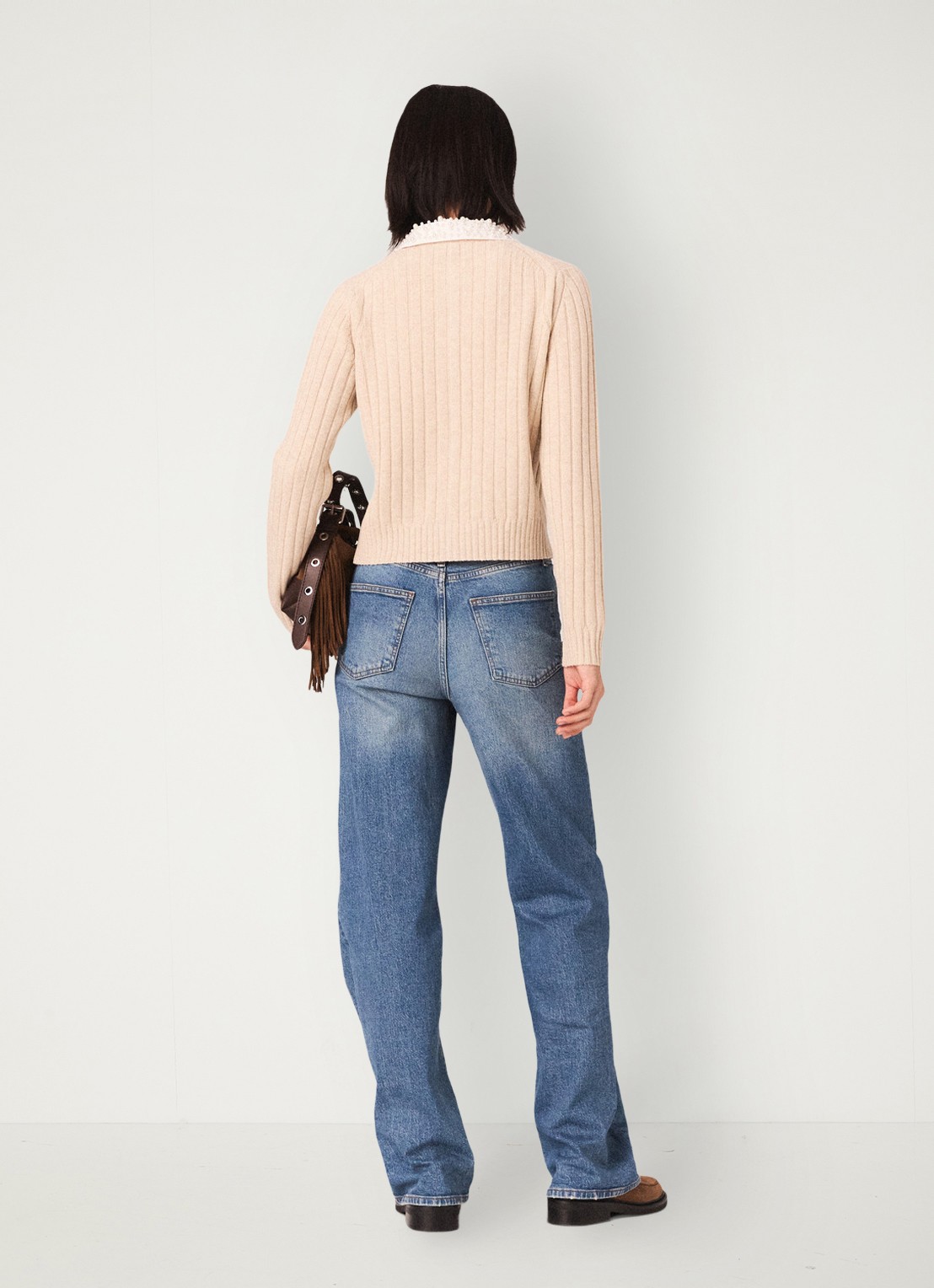 Maje Ribgebreid vest in wolblend met afneembare kraag - achterkant 3 beige