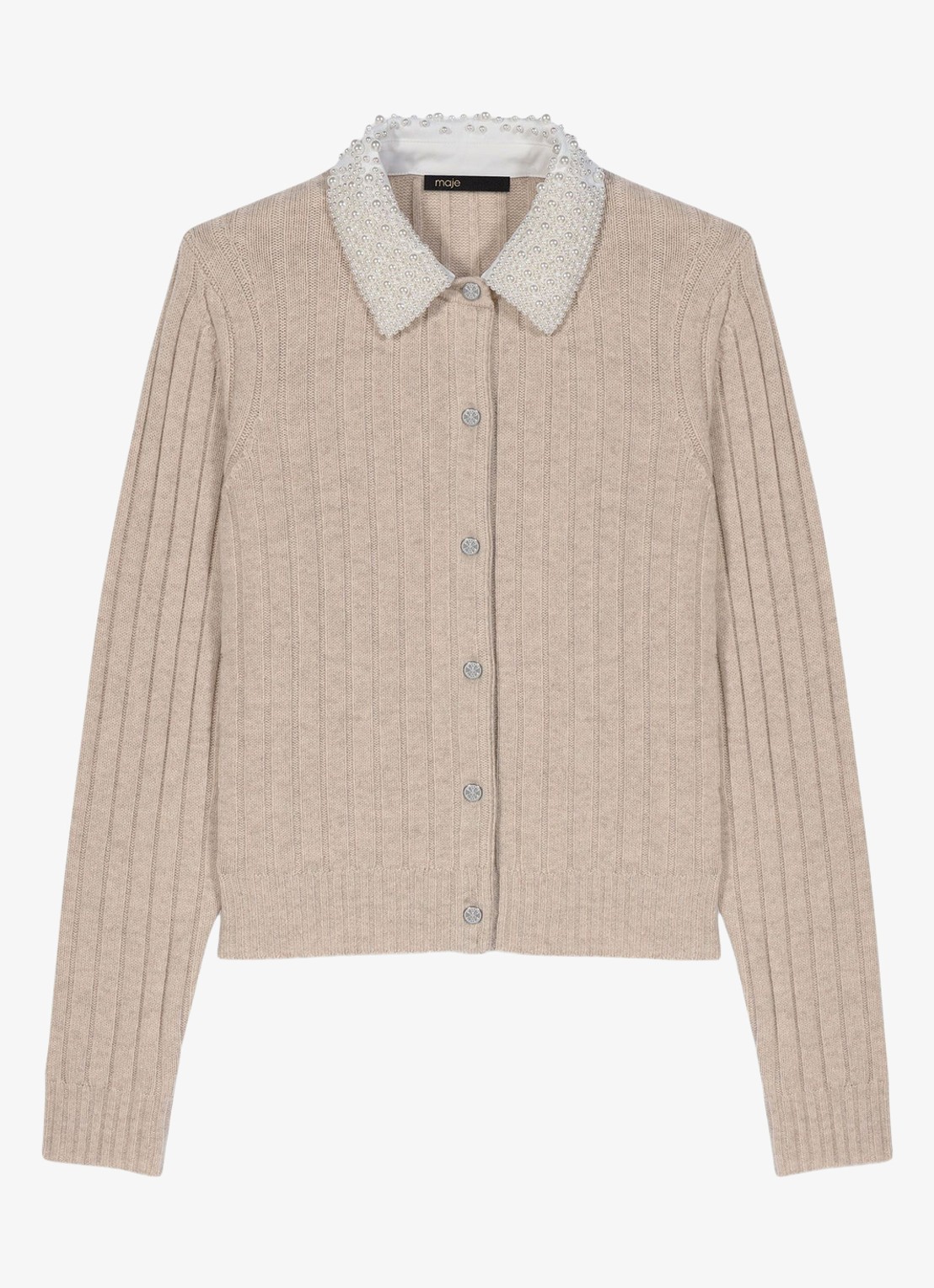 Maje Ribgebreid vest in wolblend met afneembare kraag - voorkant beige
