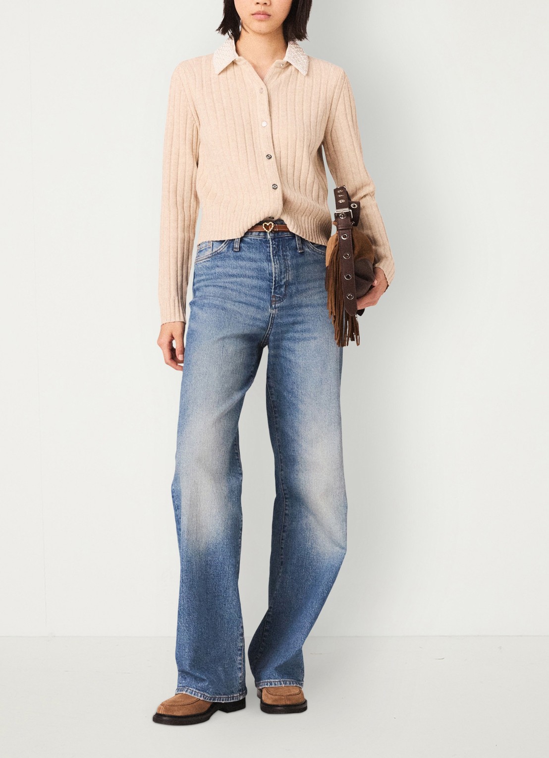 Maje Ribgebreid vest in wolblend met afneembare kraag - voorkant 2 beige