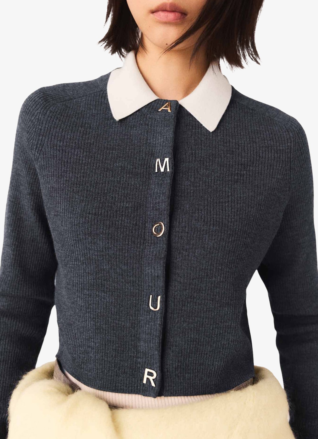 Maje Ribgebreid vest van wol - detail 3 grijs