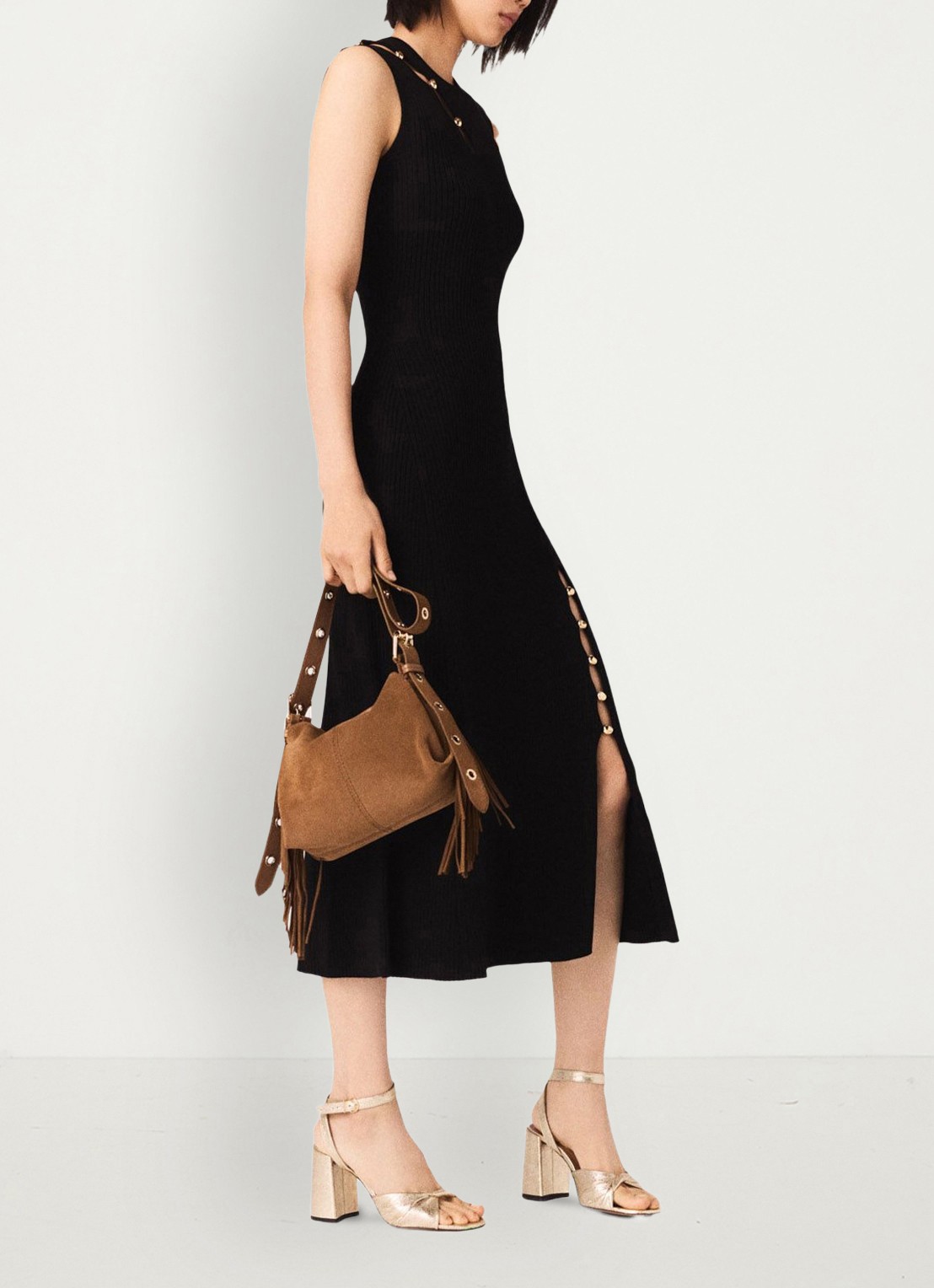 Maje Ribgebreide midi jurk met cut-out detail - detail 3 zwart