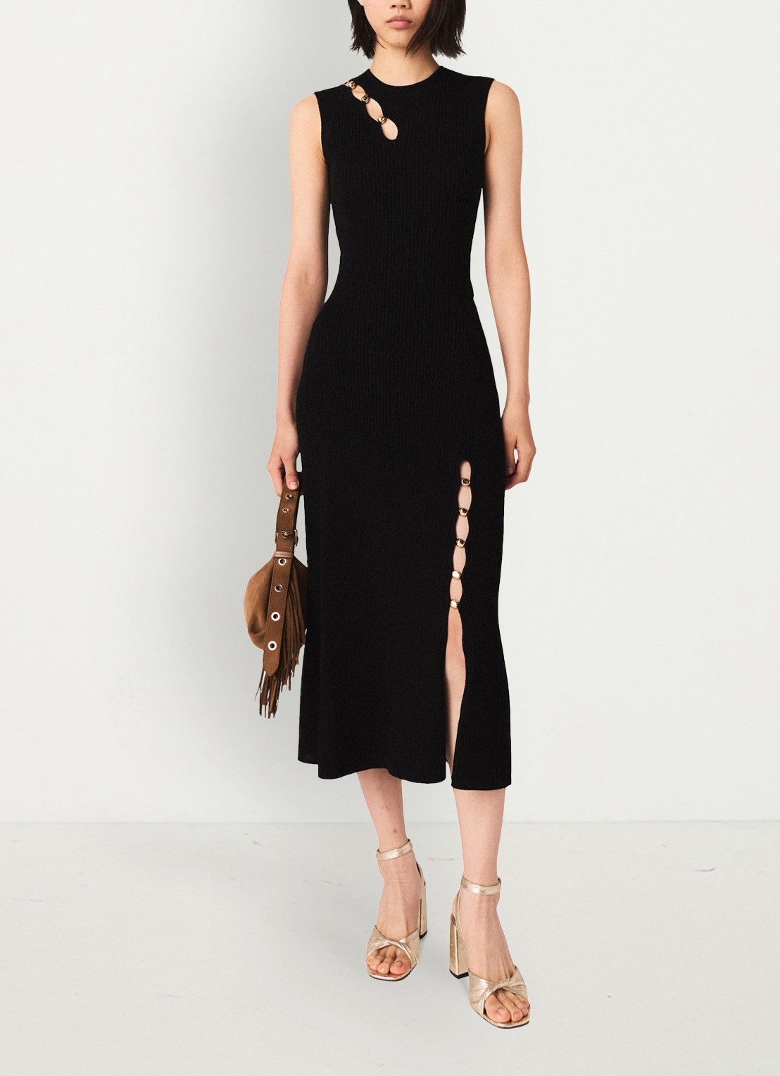 Maje Ribgebreide midi jurk met cut-out detail - voorkant 7 zwart