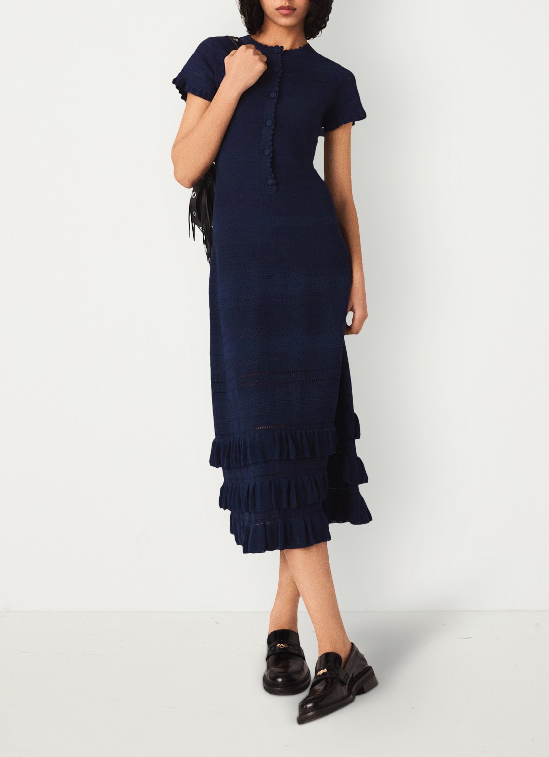 Maje Ribgebreide midi tuniekjurk met ruches - detail 5 donkerblauw