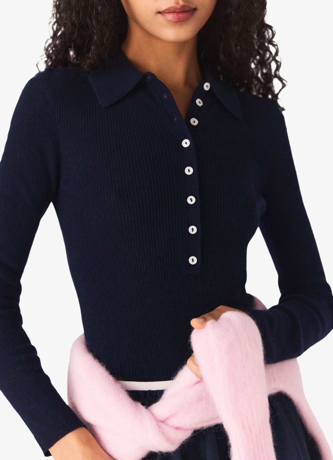 Maje Ribgebreide polo in wolblend - detail 4 donkerblauw