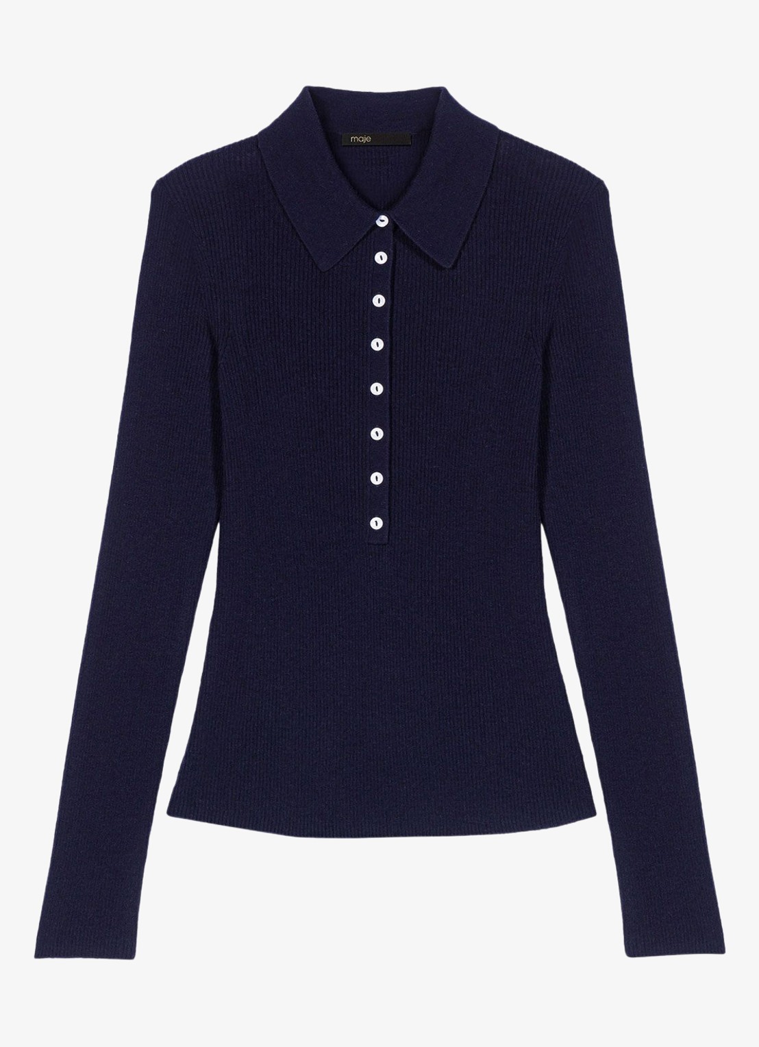 Maje Ribgebreide polo in wolblend - voorkant donkerblauw