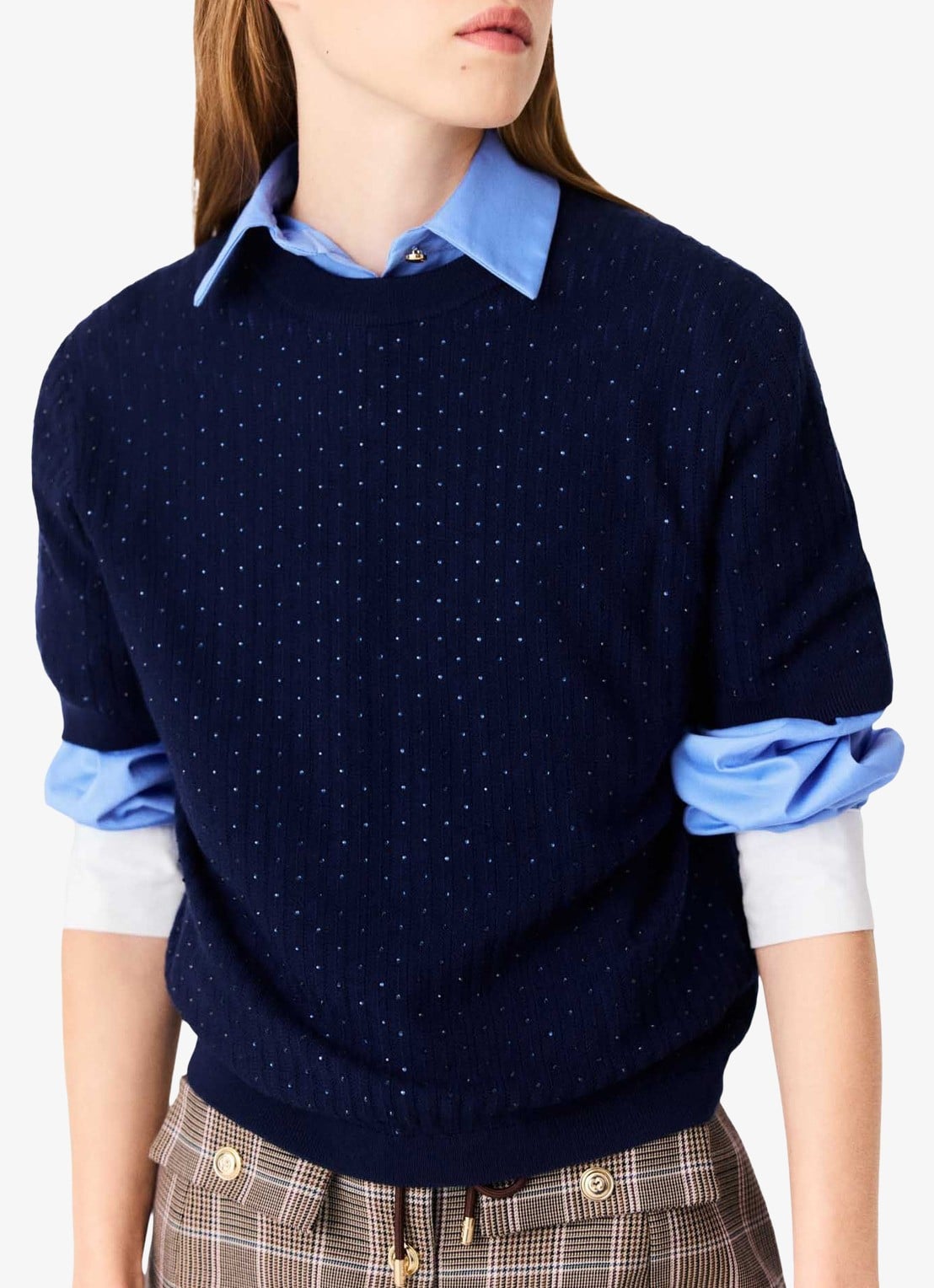 Maje Ribgebreide pullover in wolblend met strass - detail donkerblauw