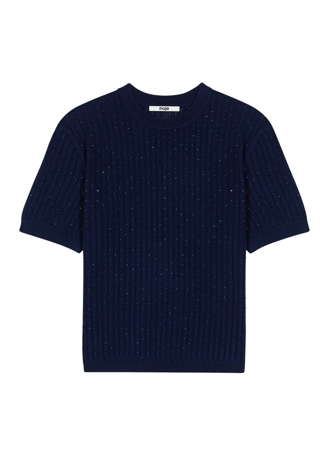 Maje Ribgebreide pullover in wolblend met strass - voorkant 6 donkerblauw