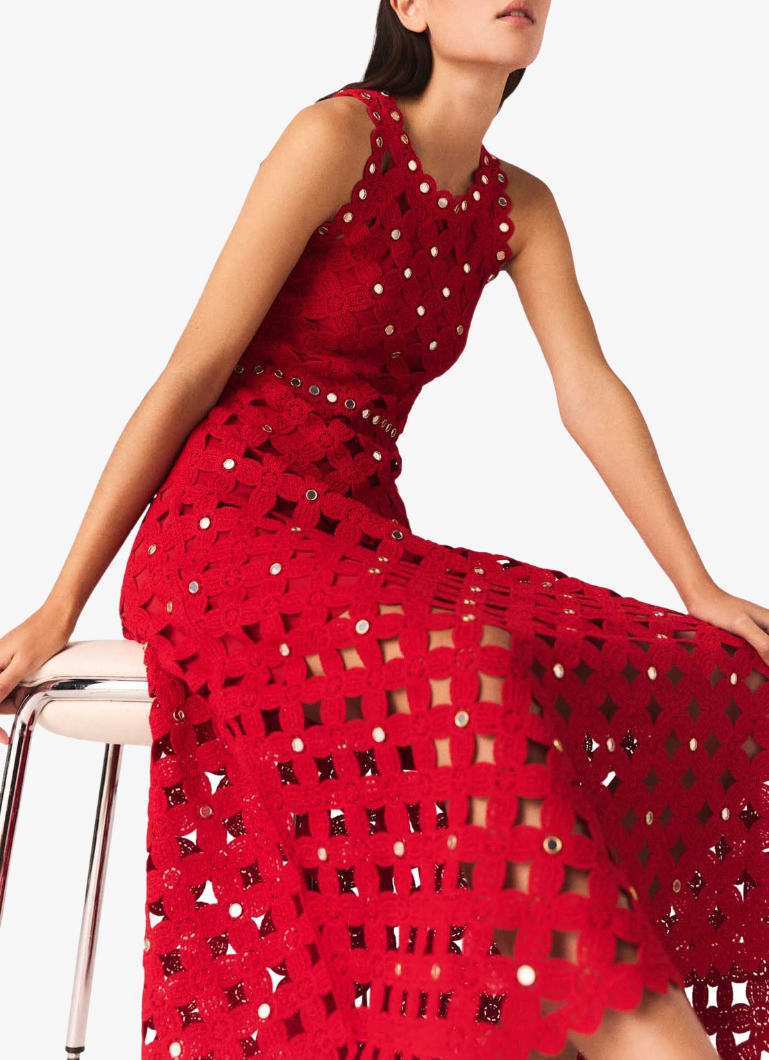 Maje Rimi midi jurk met opengewerkt dessin - detail 6 rood