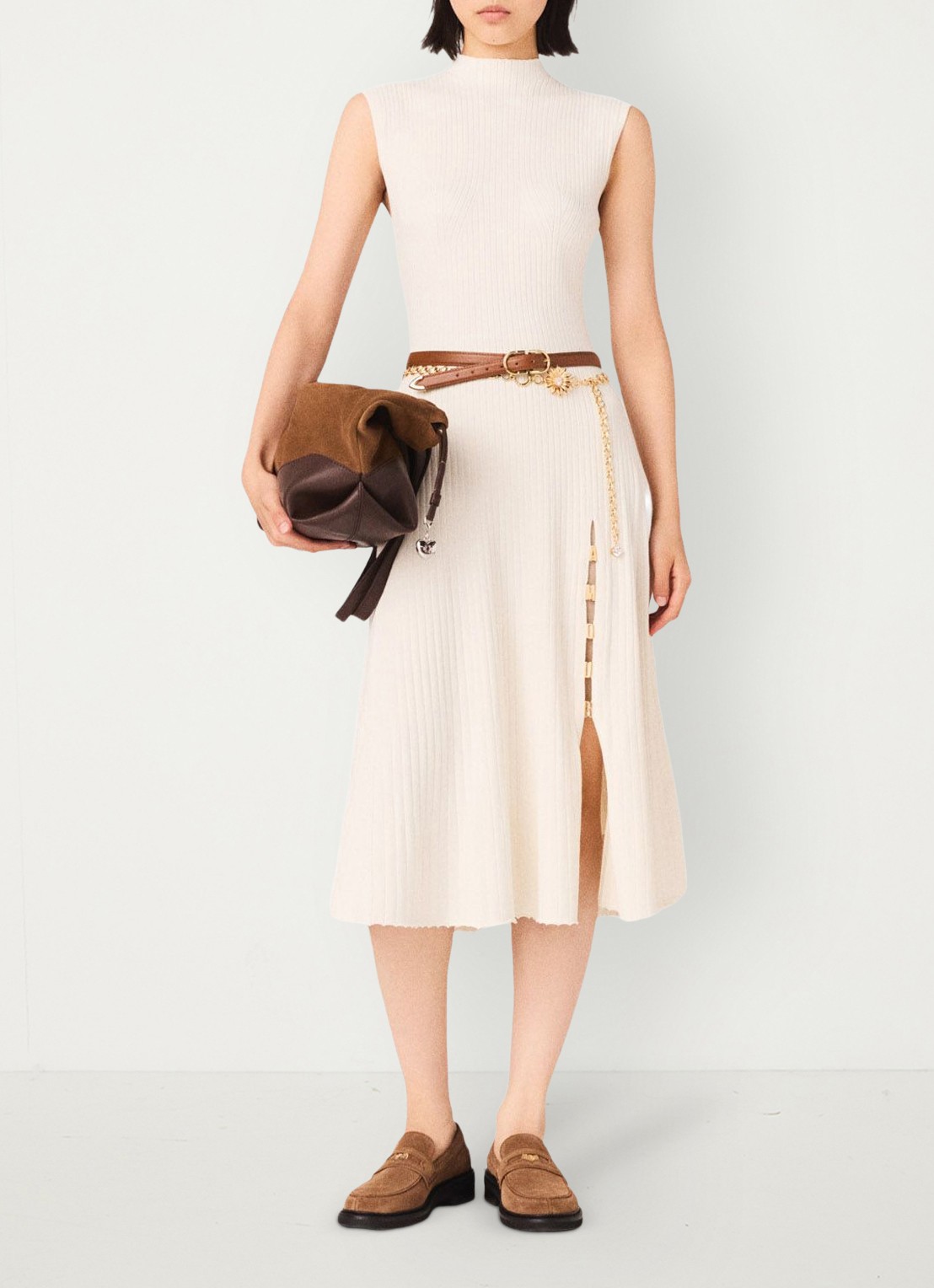 Maje Rimora ribgebreide midi jurk met split - voorkant 6 beige