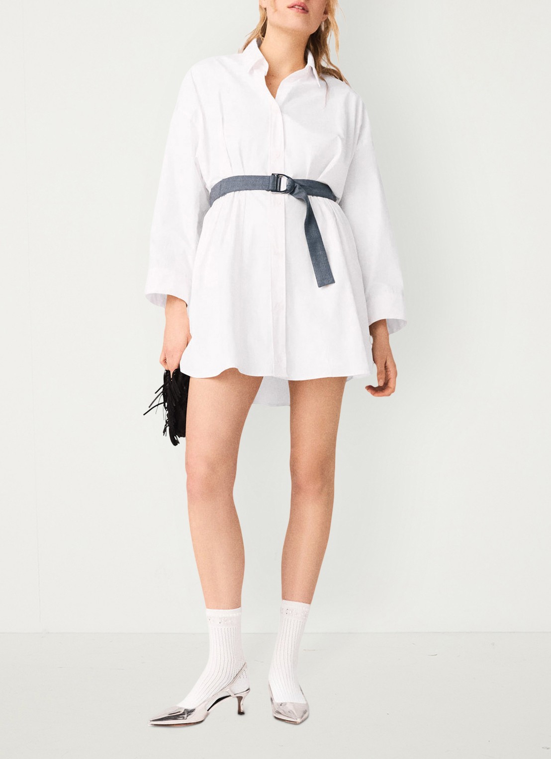 Maje Rishirt mini blousejurk met ceintuur - voorkant 7 wit