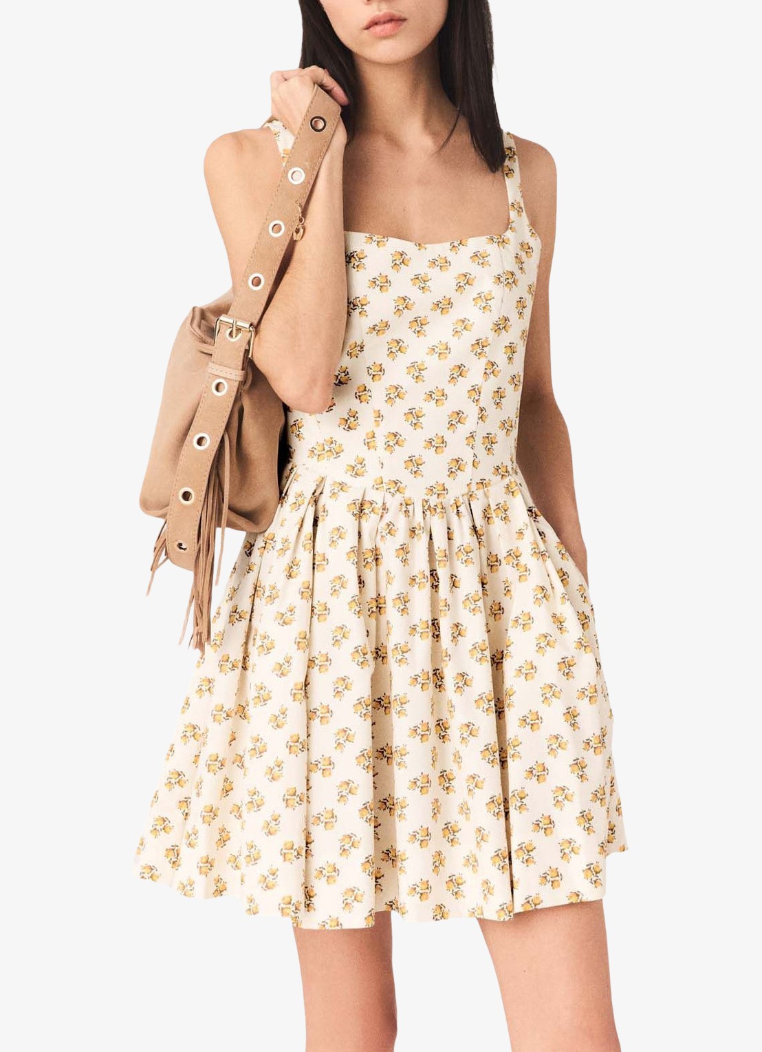 Maje Robolera mini jurk met print en plooien - detail 4 geel