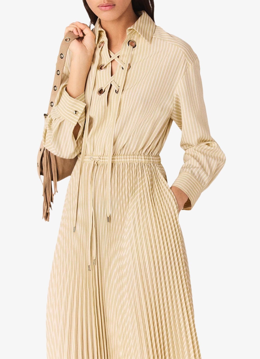 Maje Rossima maxi jurk met plooien en streepprint - detail 4 geel