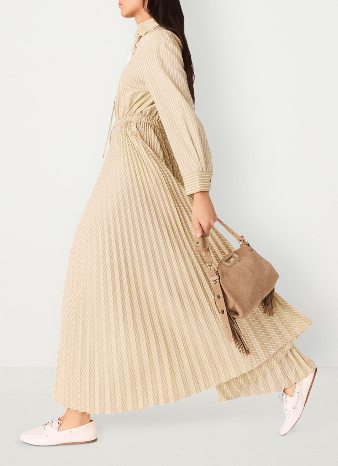 Maje Rossima maxi jurk met plooien en streepprint - detail 5 geel