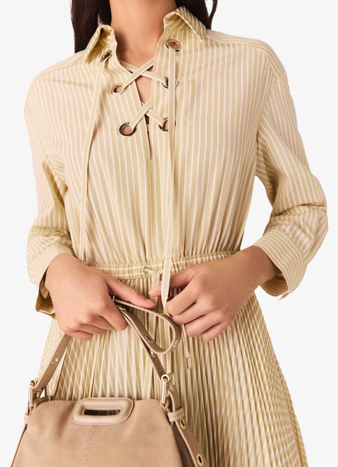 Maje Rossima maxi jurk met plooien en streepprint - detail 6 geel