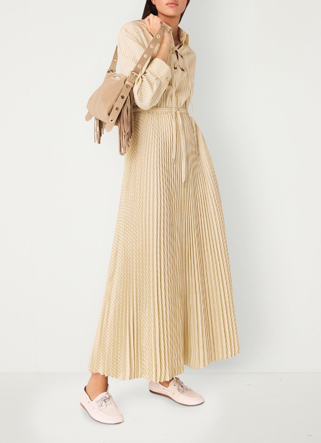 Maje Rossima maxi jurk met plooien en streepprint - detail 7 geel