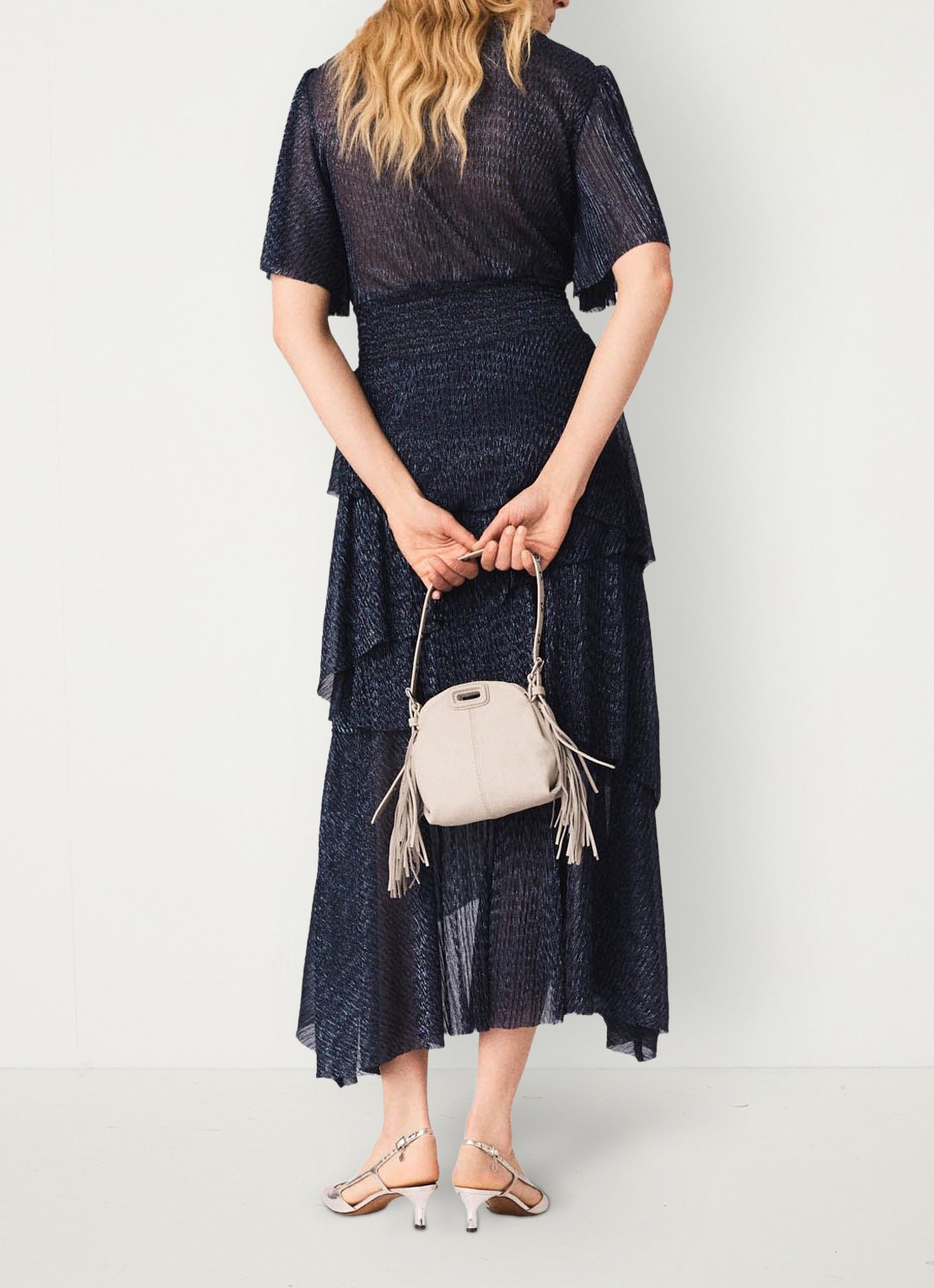 Maje Ruffiba midi jurk met volant - achterkant 3 donkerblauw
