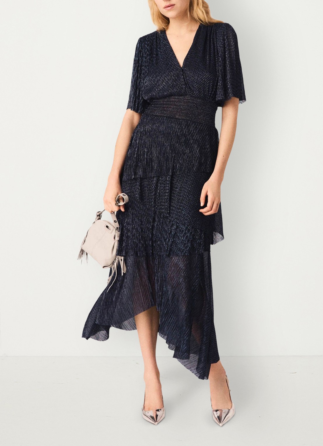 Maje Ruffiba midi jurk met volant - detail 4 donkerblauw