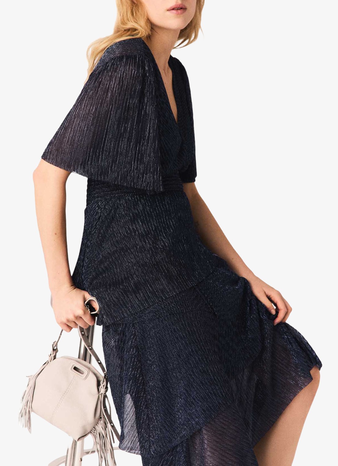 Maje Ruffiba midi jurk met volant - detail 6 donkerblauw