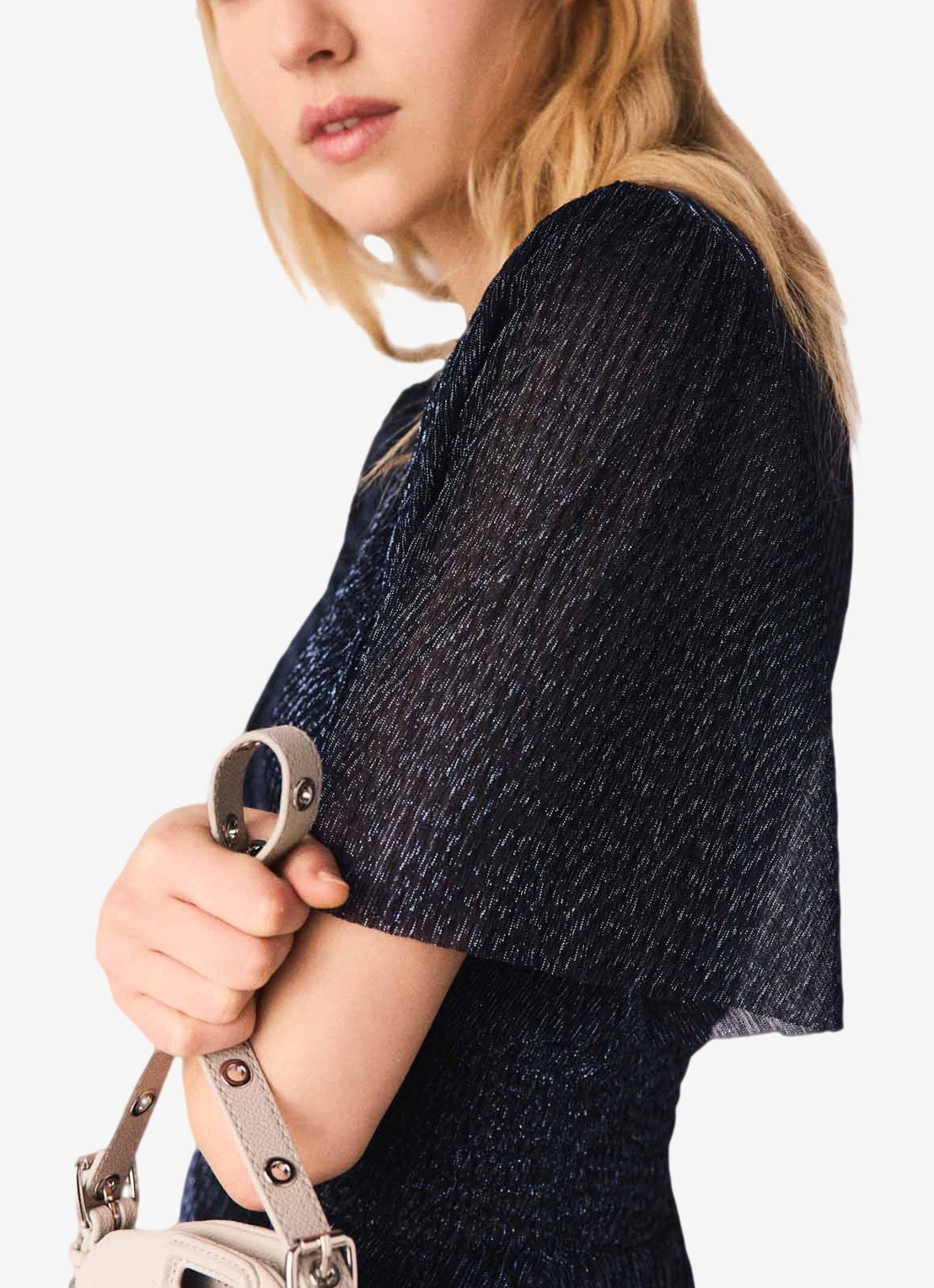 Maje Ruffiba midi jurk met volant - detail 7 donkerblauw
