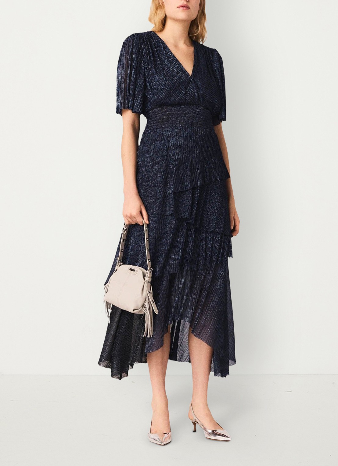 Maje Ruffiba midi jurk met volant - voorkant 2 donkerblauw