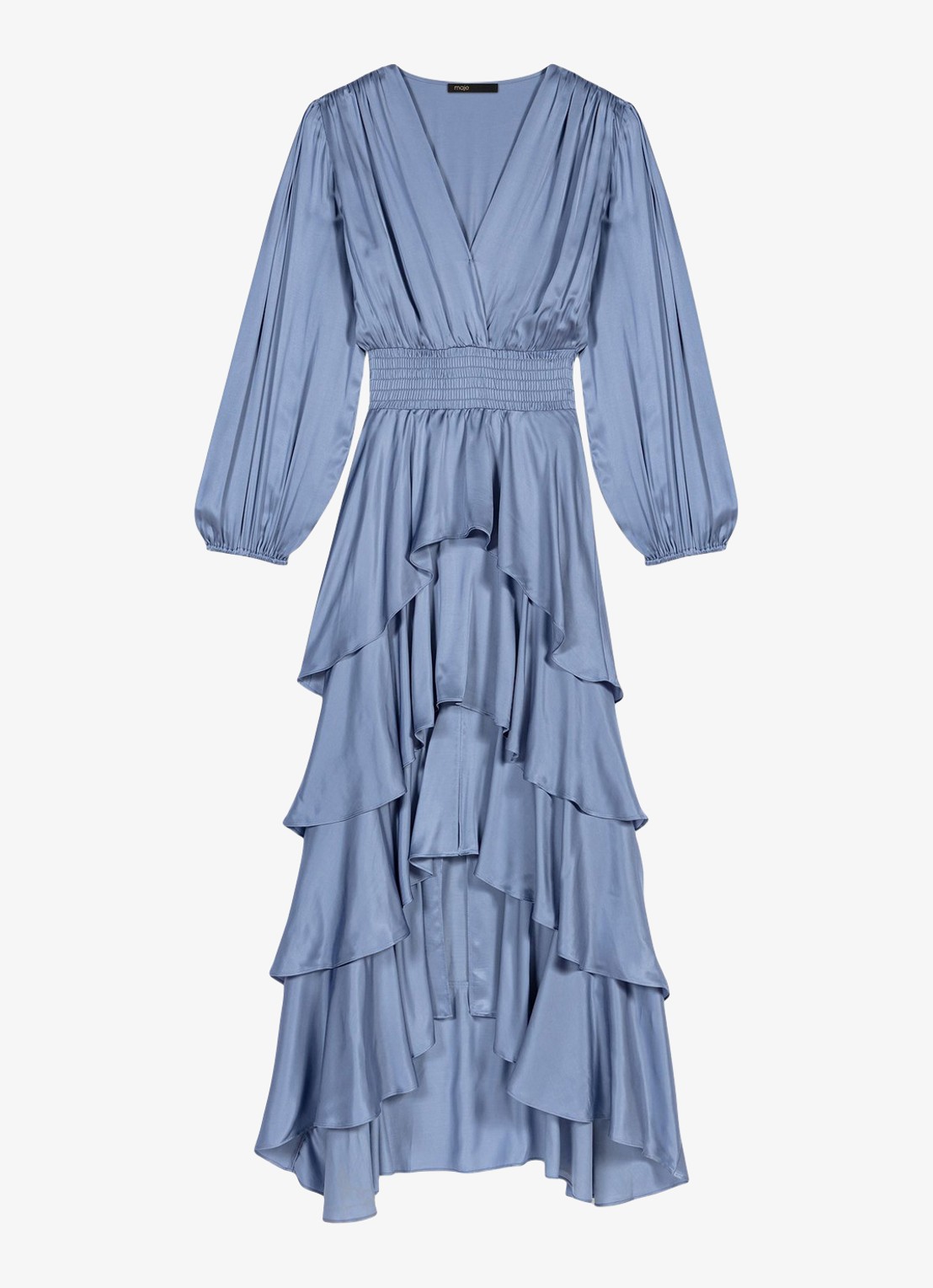Maje Ruffinello midi jurk met smockwerk en ballonmouw - voorkant 2 blauw