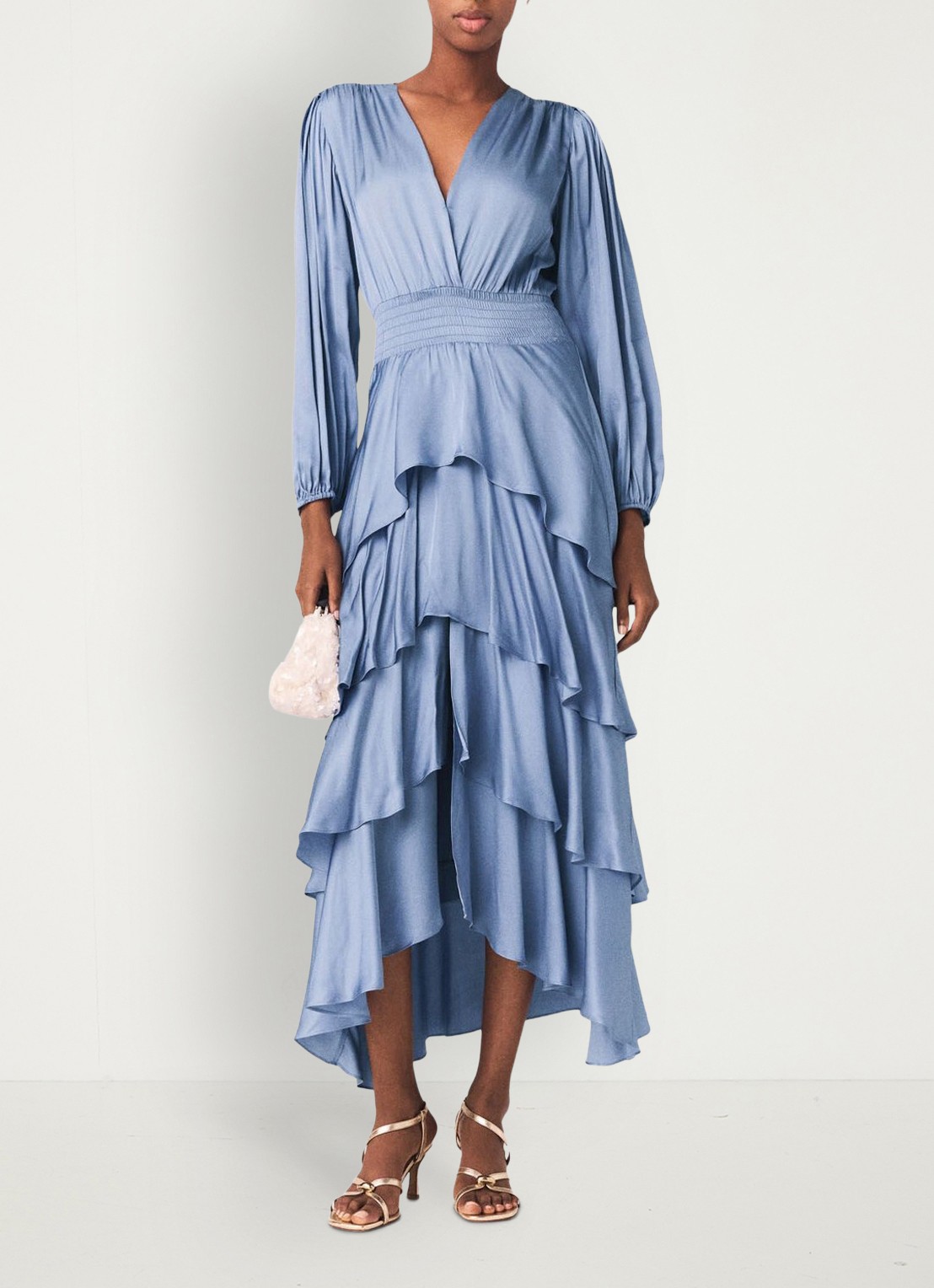 Maje Ruffinello midi jurk met smockwerk en ballonmouw - voorkant 3 blauw