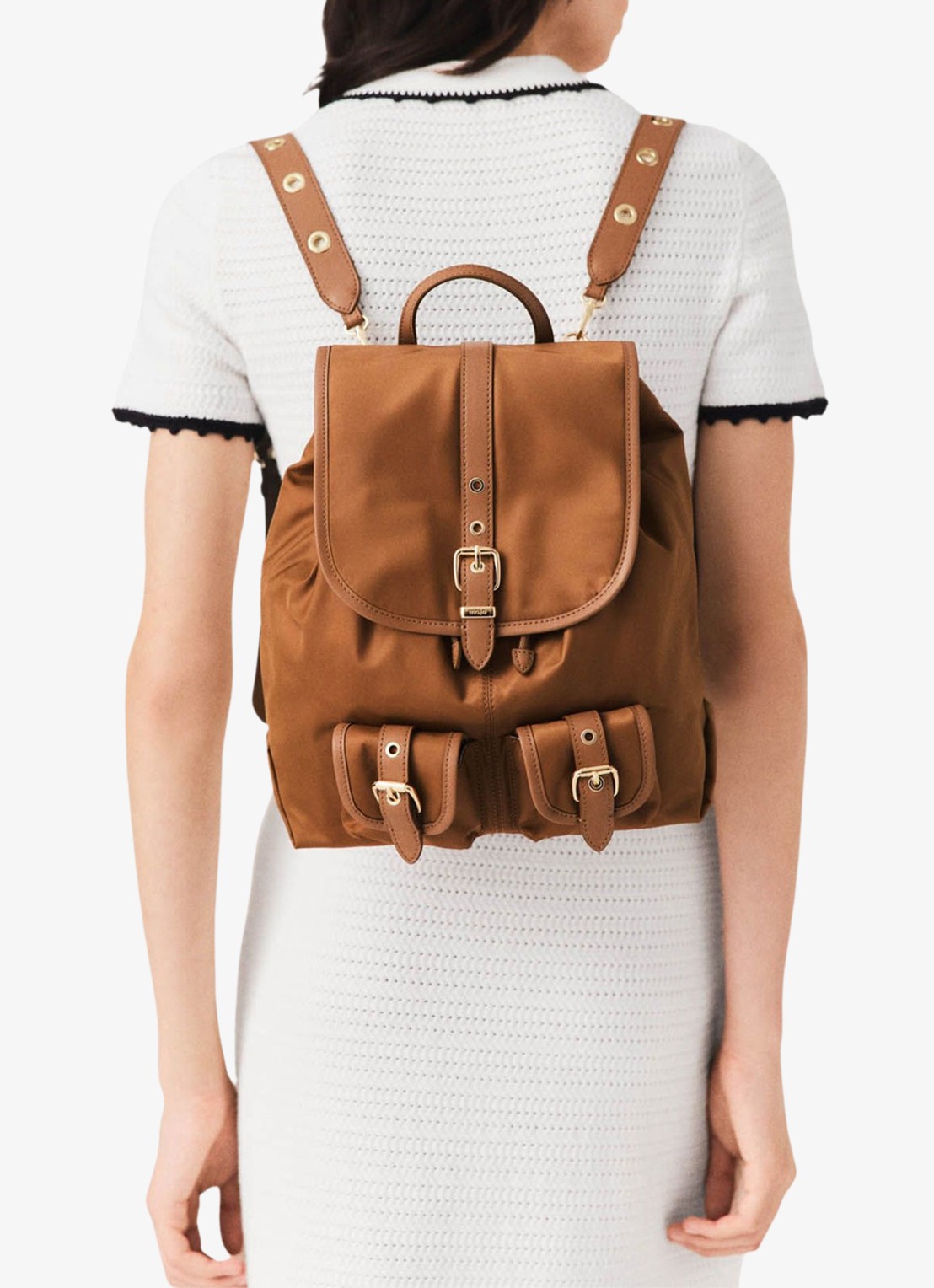 Maje Rugtas van leer en nylon - voorkant 3 camel