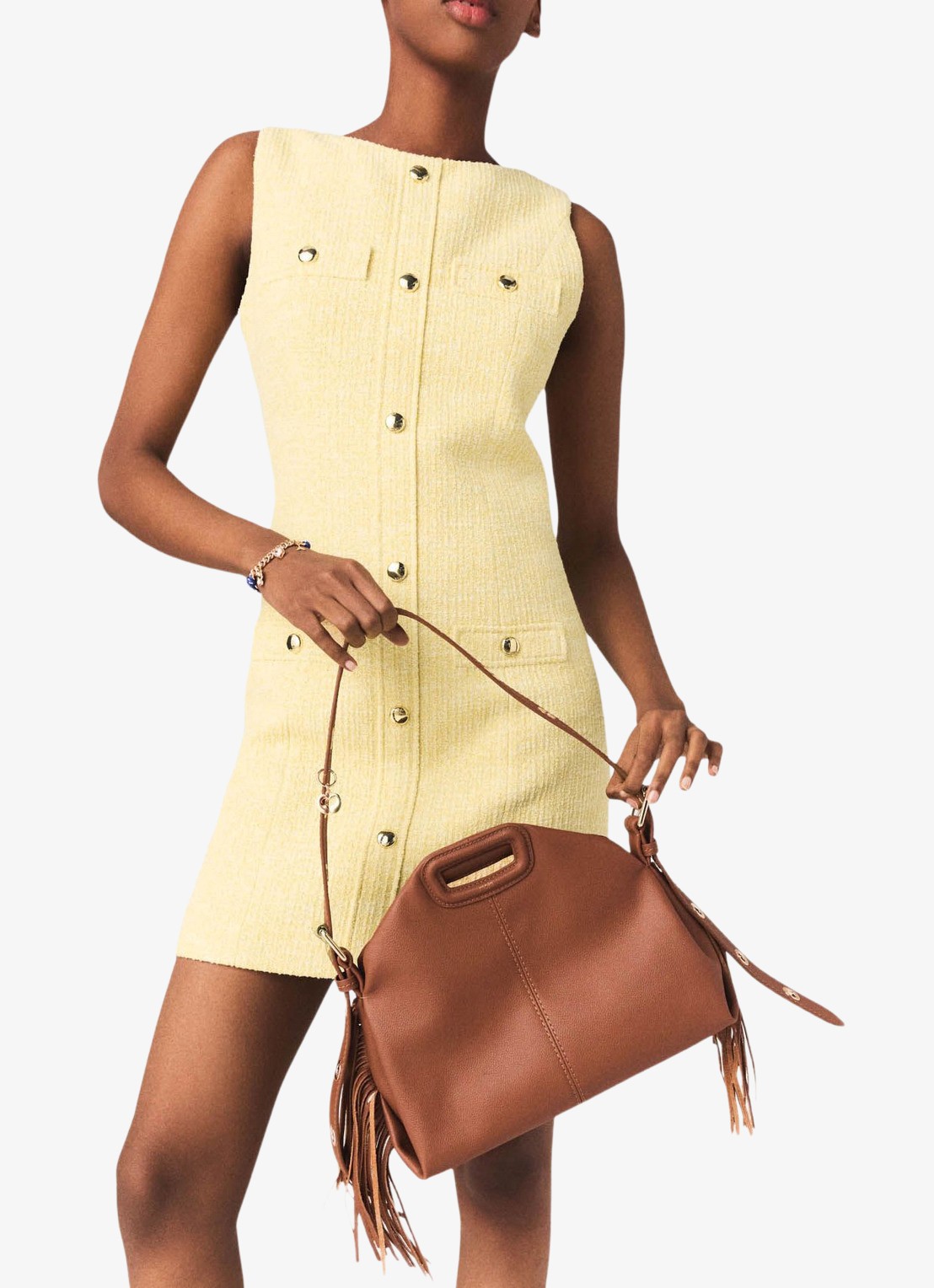 Maje Rylener mini jurk met tweed-look - detail lichtgeel