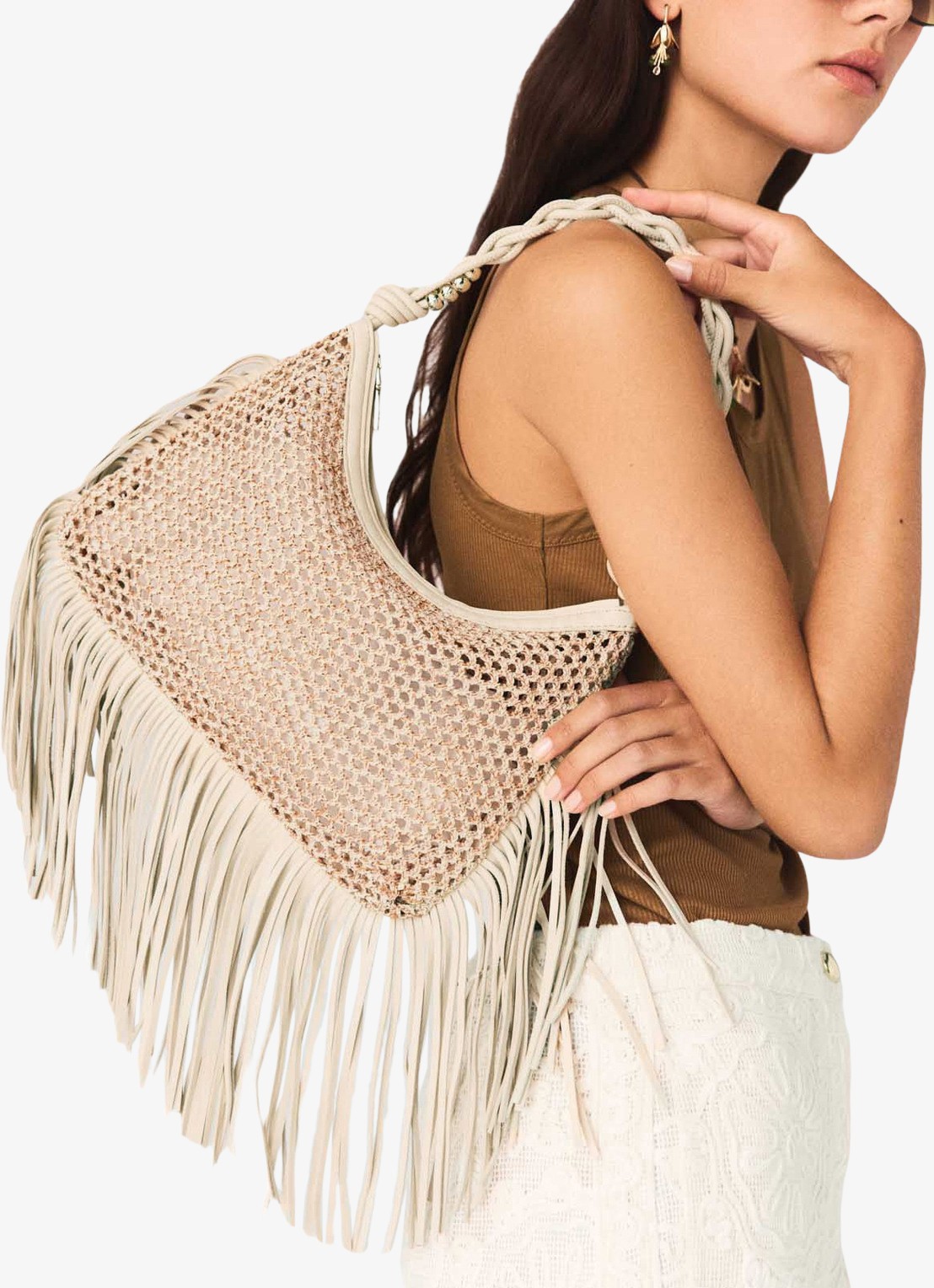 Maje Schoudertas met franjes - detail 2 beige