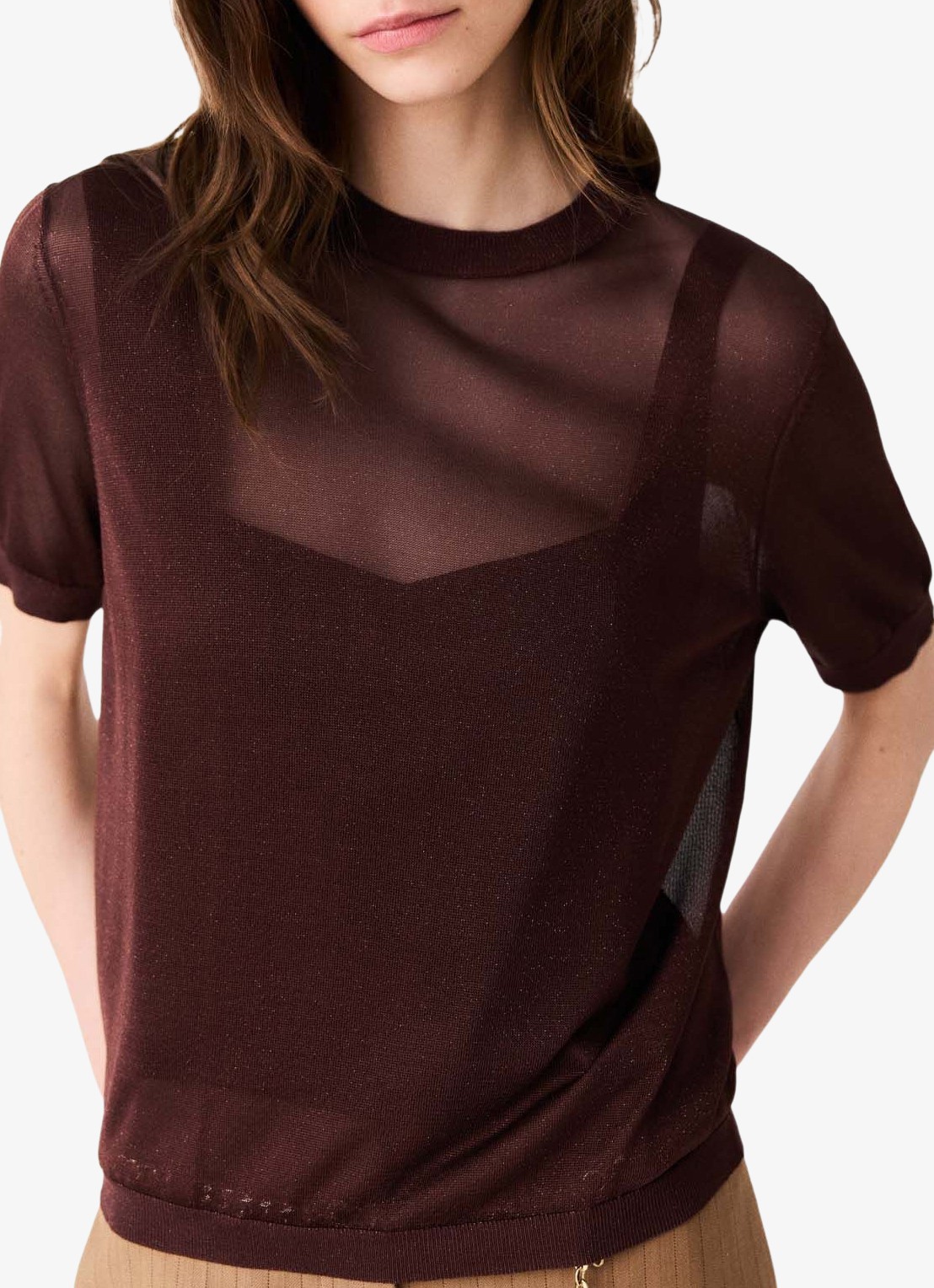 Maje Semi-transparante top met lurex - detail 6 brown / bruin