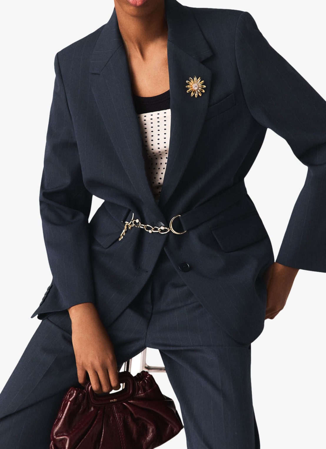 Maje Single-breasted blazer in wolblend met streepprint en klepzakken - detail 8 donkerblauw