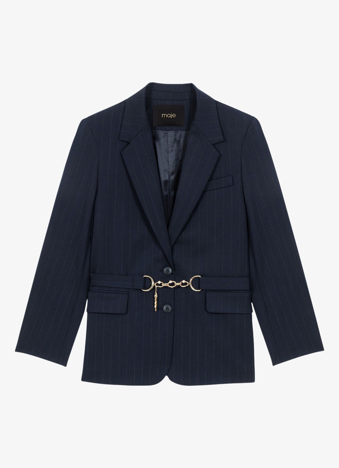 Maje Single-breasted blazer in wolblend met streepprint en klepzakken - voorkant 2 donkerblauw