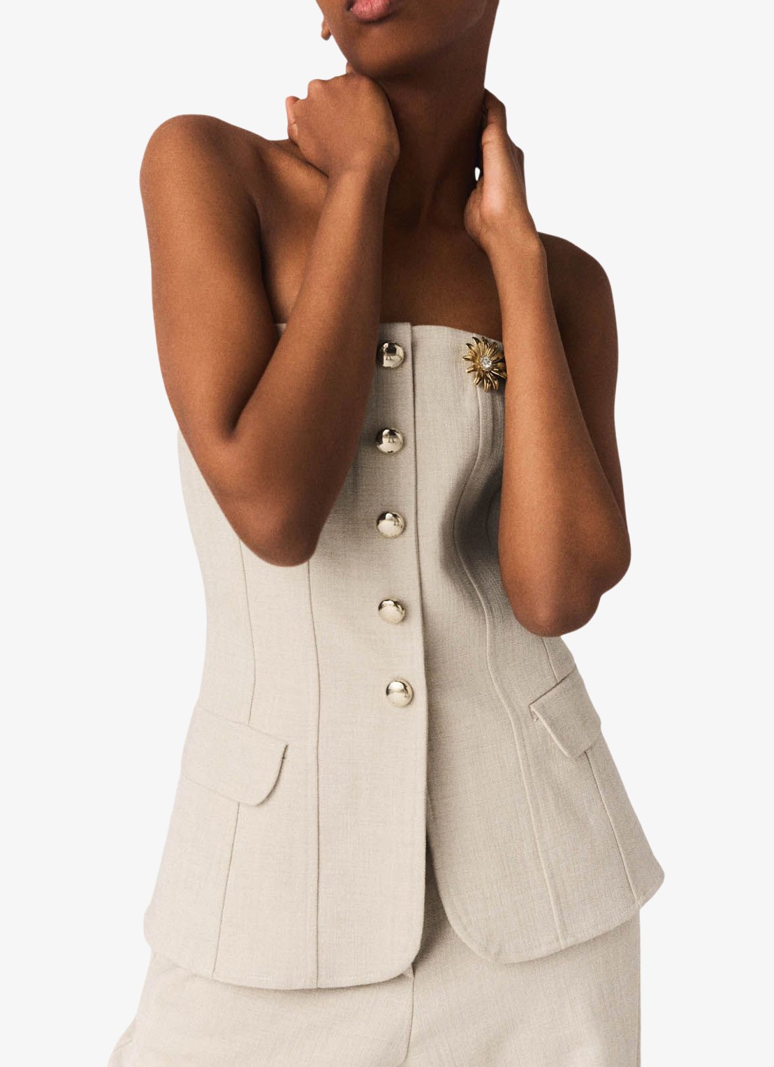 Maje Strapless top met sierknopen - detail 6 beige