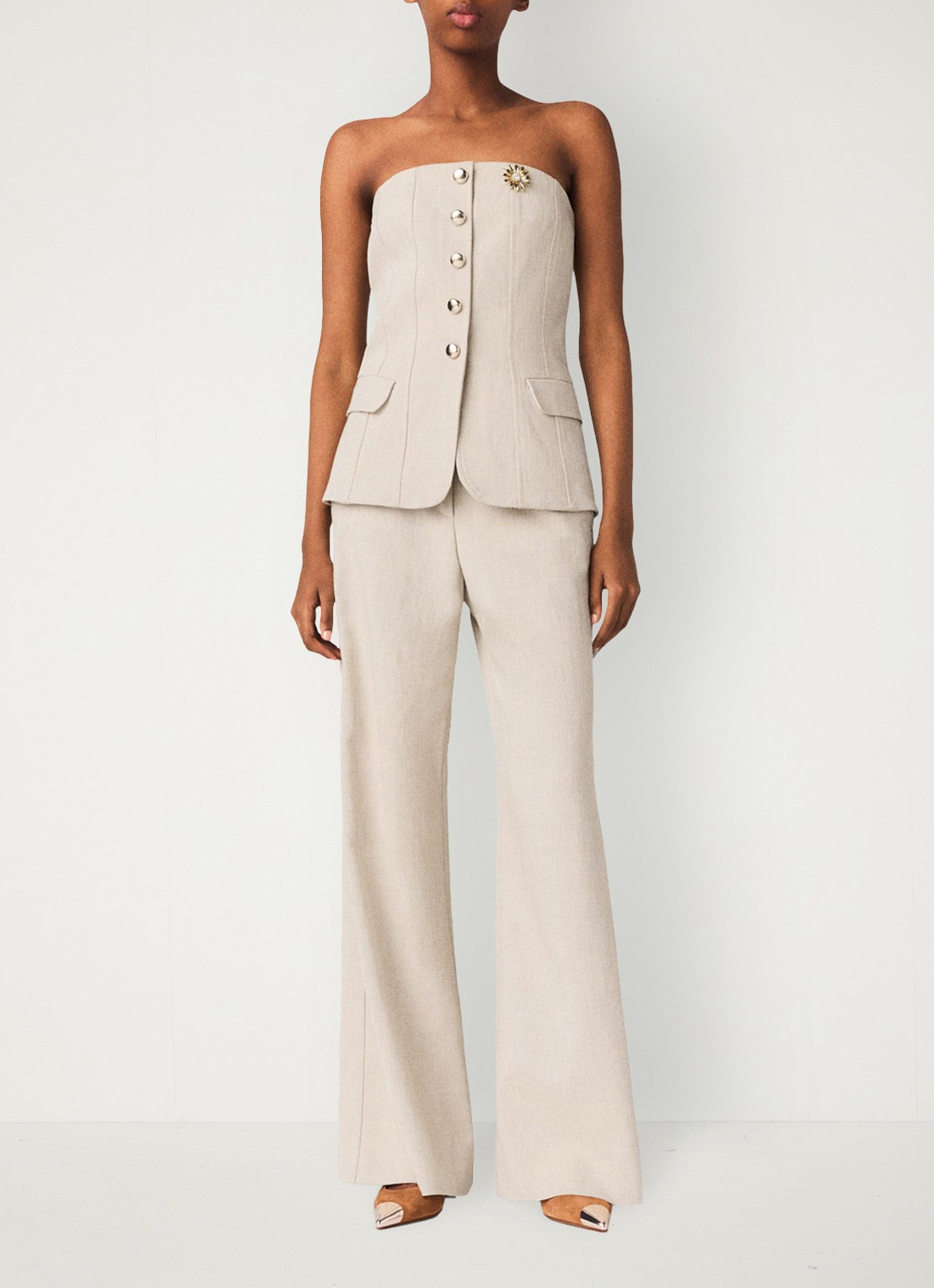 Maje Strapless top met sierknopen - voorkant 2 beige