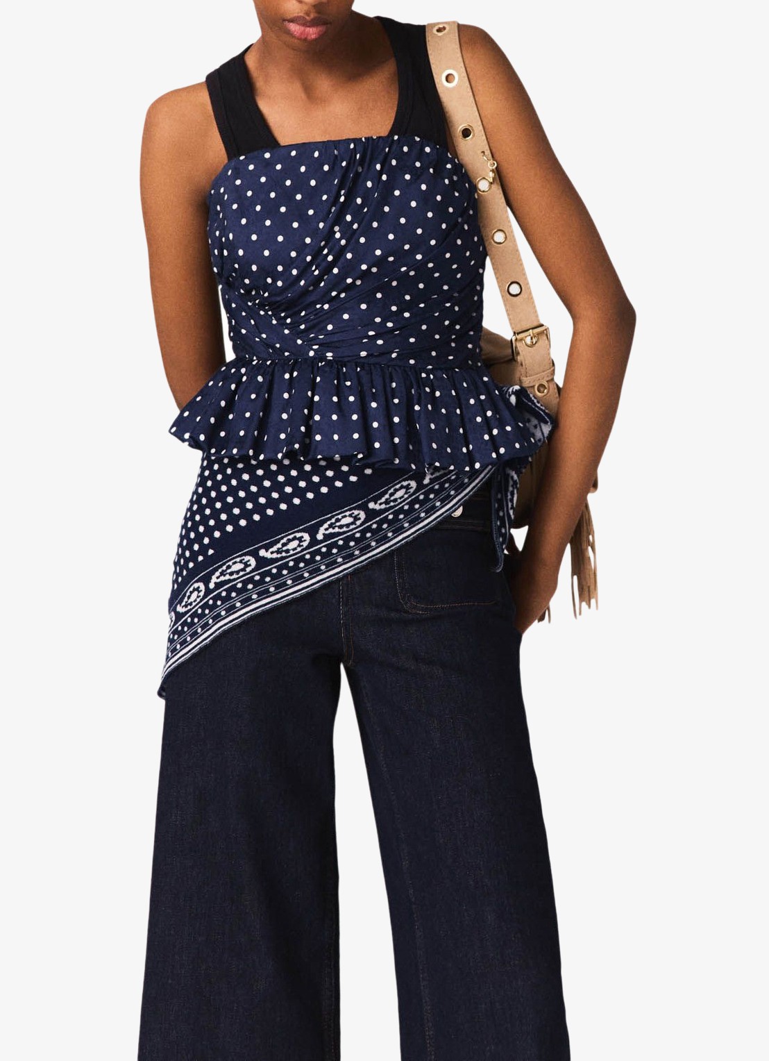 Maje Strapless top met stippenprint - detail 2 donkerblauw