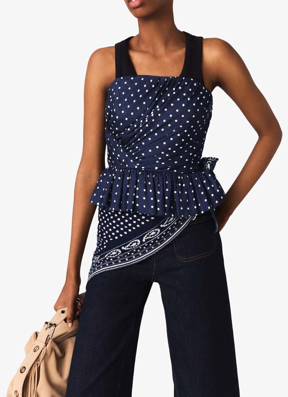 Maje Strapless top met stippenprint - detail 4 donkerblauw