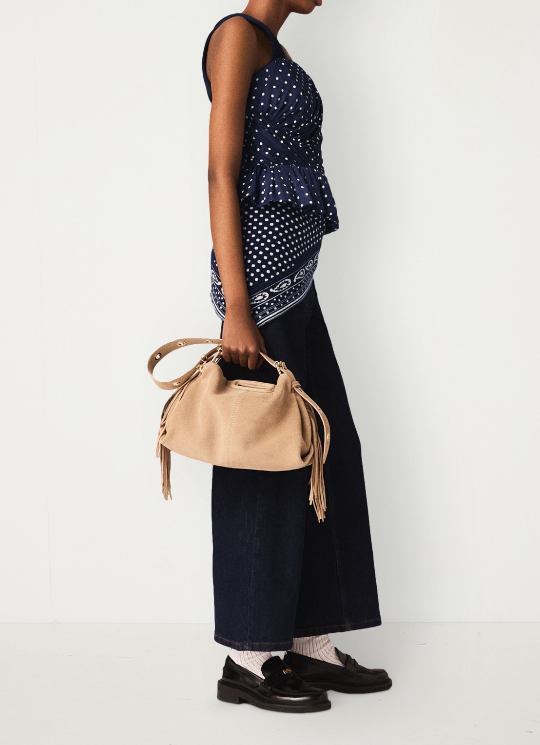 Maje Strapless top met stippenprint - detail 5 donkerblauw