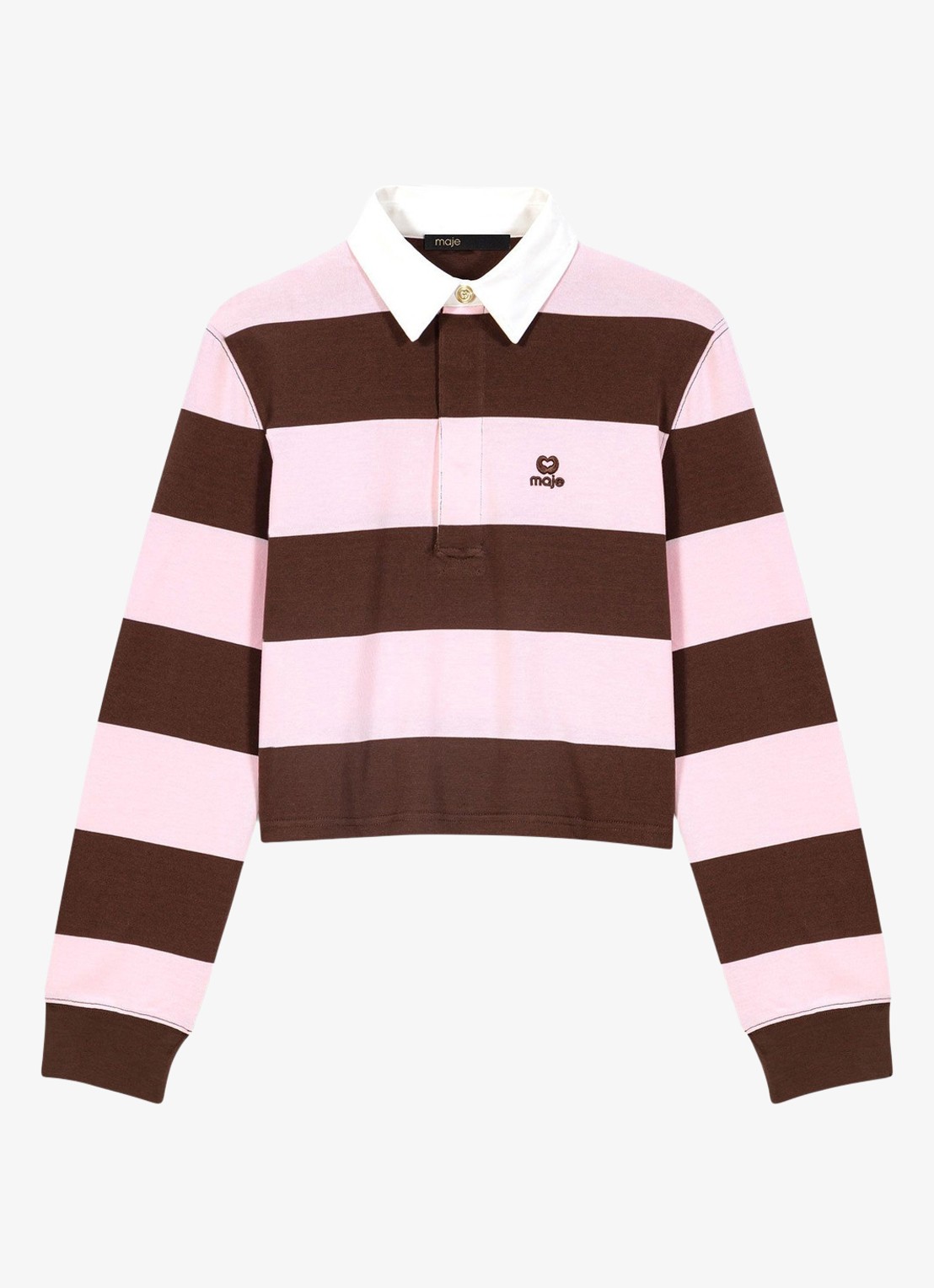 Maje Tipolay polo met streepprint en logoborduring - voorkant bruin