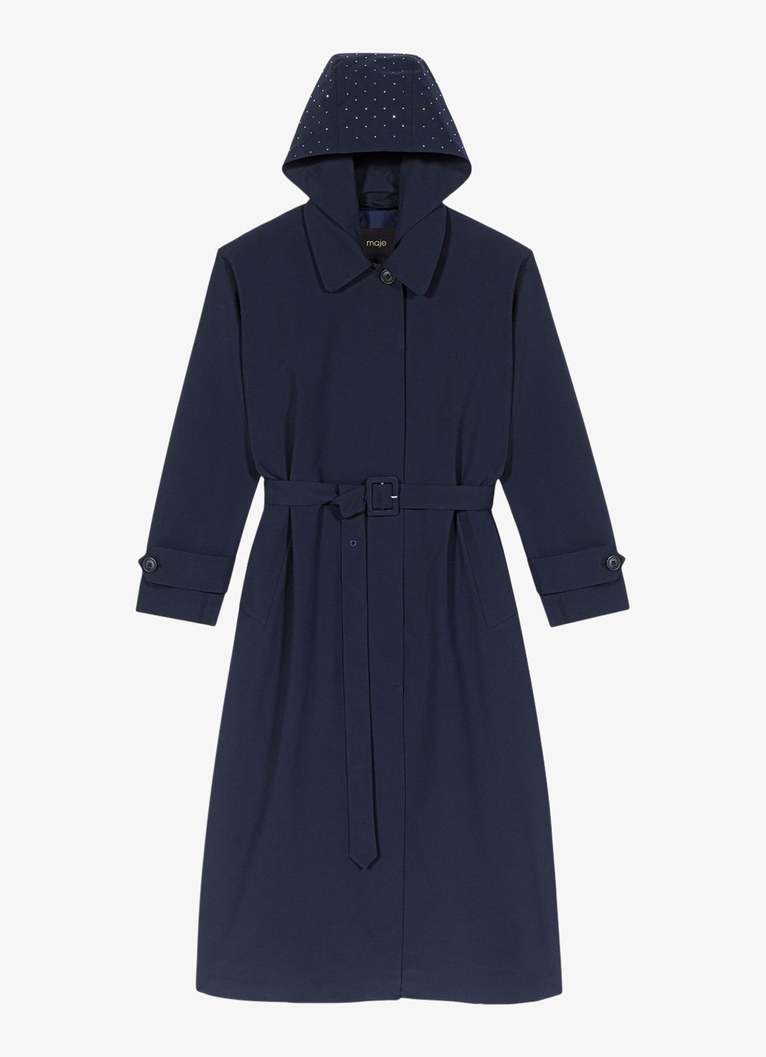 Maje Trenchcoat met ceintuur en afneembare capuchon - voorkant donkerblauw