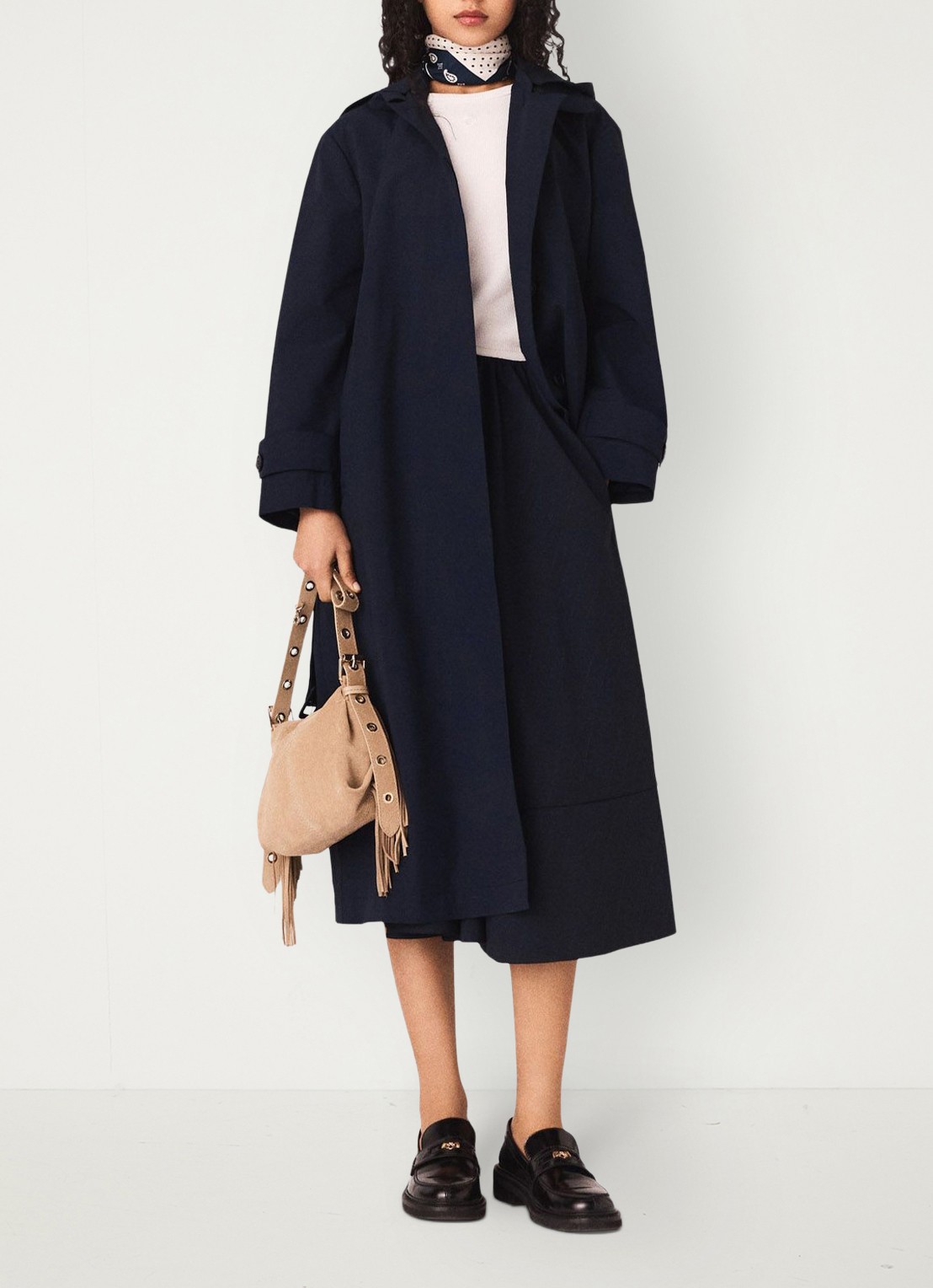 Maje Trenchcoat met ceintuur en afneembare capuchon - voorkant 2 donkerblauw