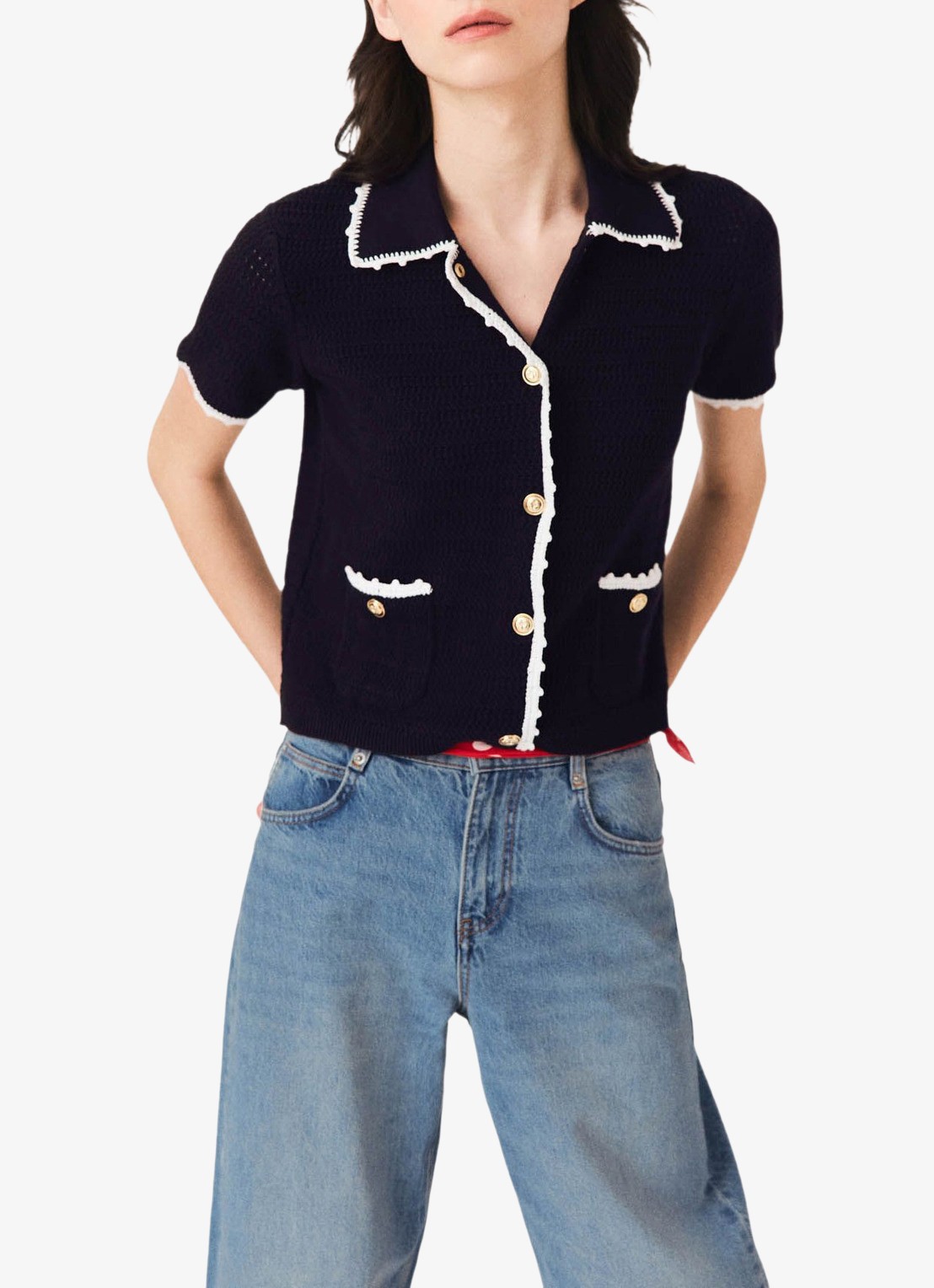 Maje Vest met haakwerkbies - detail 4 donkerblauw