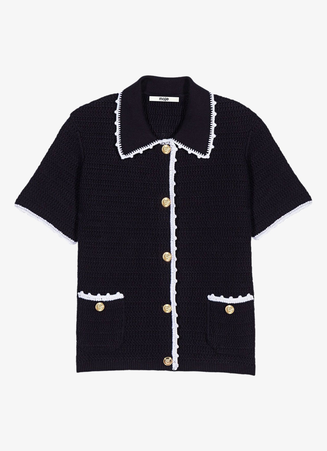 Maje Vest met haakwerkbies - voorkant donkerblauw