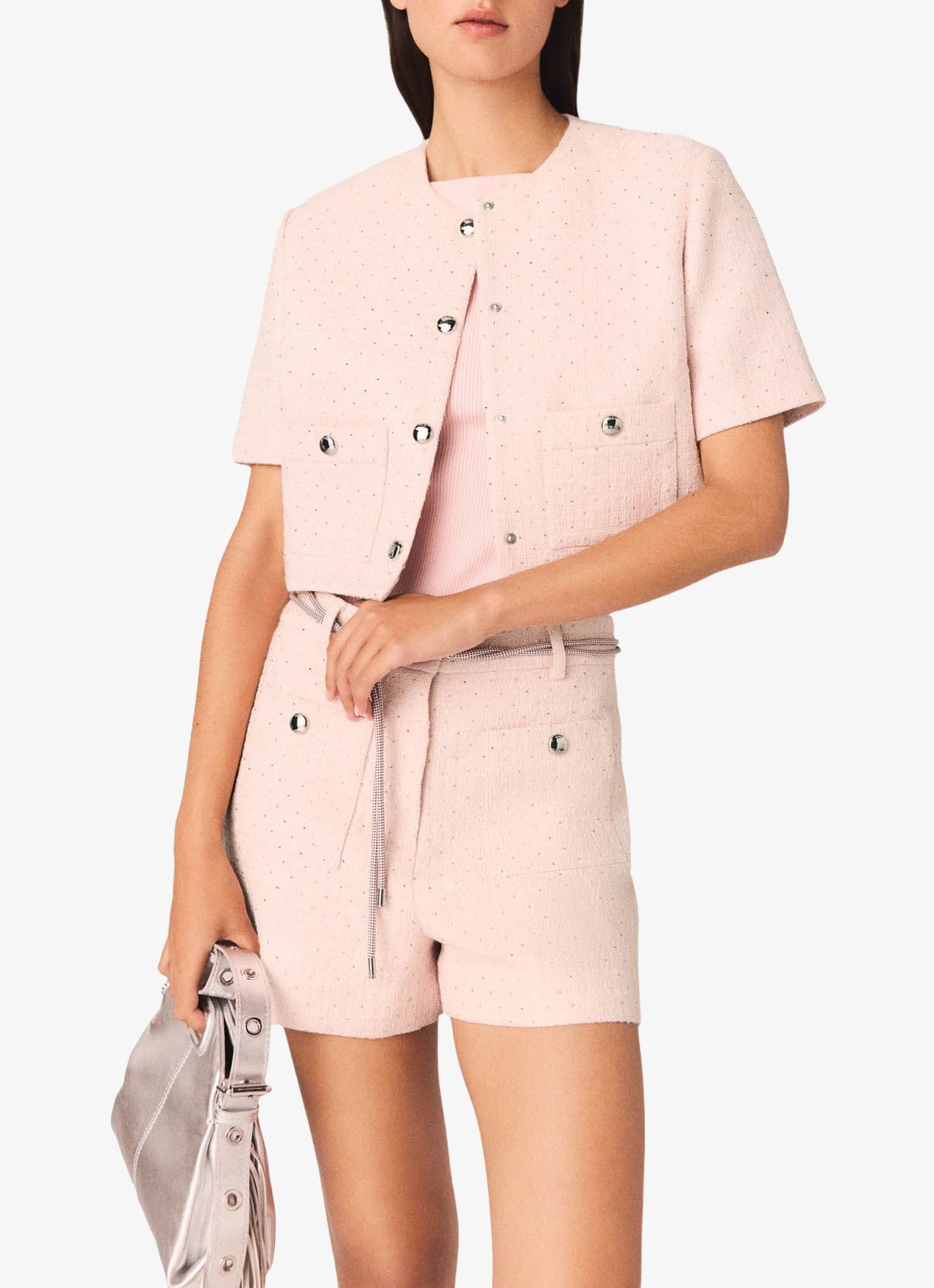 Maje Victorina cropped blazer met strass - detail 4 lichtroze
