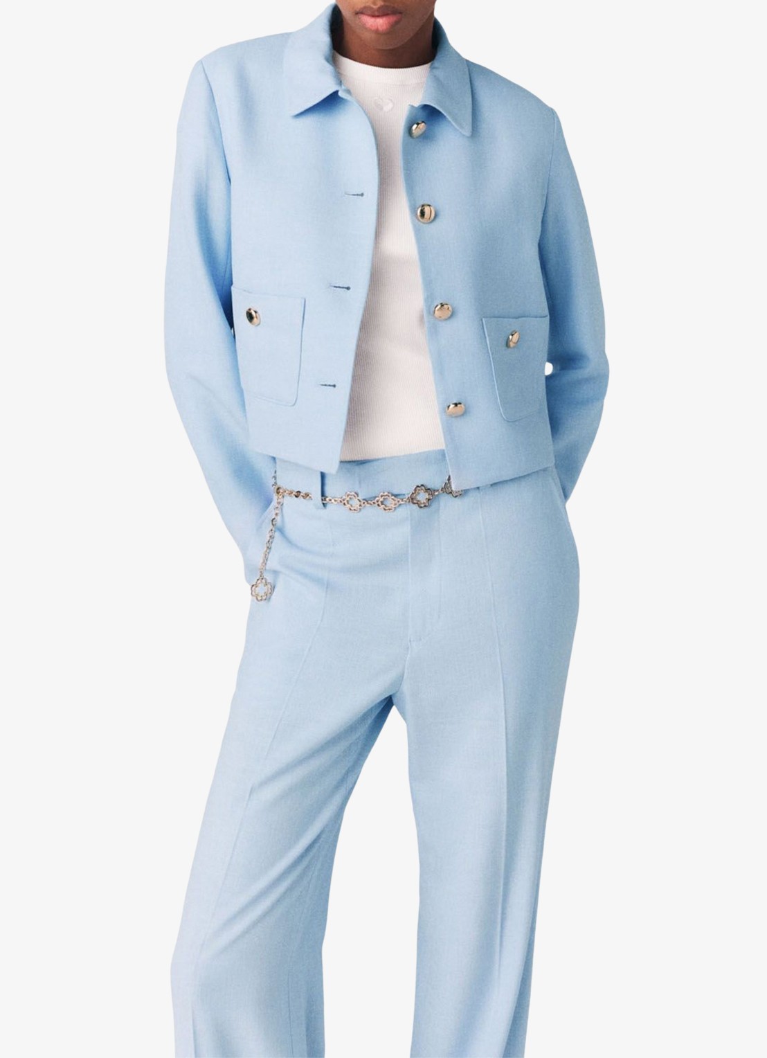 Maje Viguly cropped blazer met opgestikte zakken - detail blauw