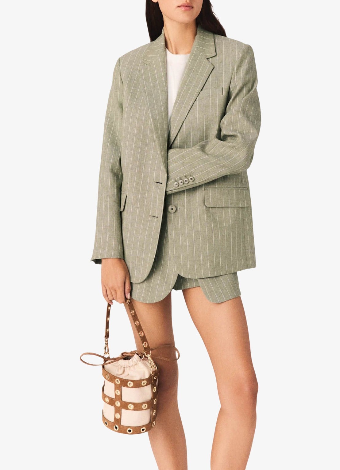 Maje Vilimousse blazer met streepprint en klepzakken - detail 2 legergroen